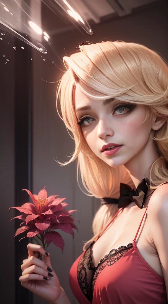 1girl,25 years old,Charlie Morningstar, long hair, yellow sclera, blonde hair, white skin, perfect anatomy, smilingfull body,extremely detailed face and eyes,beautiful detailed lips,long eyelashes,elegant dress,dramatic lighting,cinematic composition,she is wearing red lingerie,sexy lingerie,looking the camera,flirting with camera, embarassed look,in her hazbinhotel, with anime look