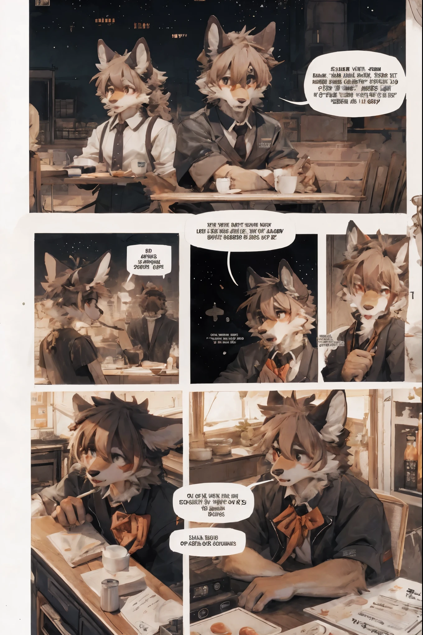 top quality, best quality, highres, masterpiece, super high resolution, detailed background, Casual reutaurant interior, part-time job, waiter, 6+boys, 6+girls, absurdres(highly detailed beautiful face and eyes)perfect anatomy, good lighting, cinematic shadow(kemono, furry anthro)assorted expressions, assorted poses, assorted angles, full body, upper shot, dynamic angle(girls comic-like panel layouts, speech balloon, English text, Hand-drawn sound effects stickers used in girls comic),
