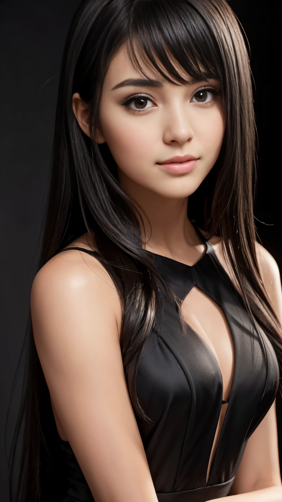 Beautiful black-haired girl with brown eyes and long hair in elegant black dress closeup on face professional photo shoot in a photo studio
