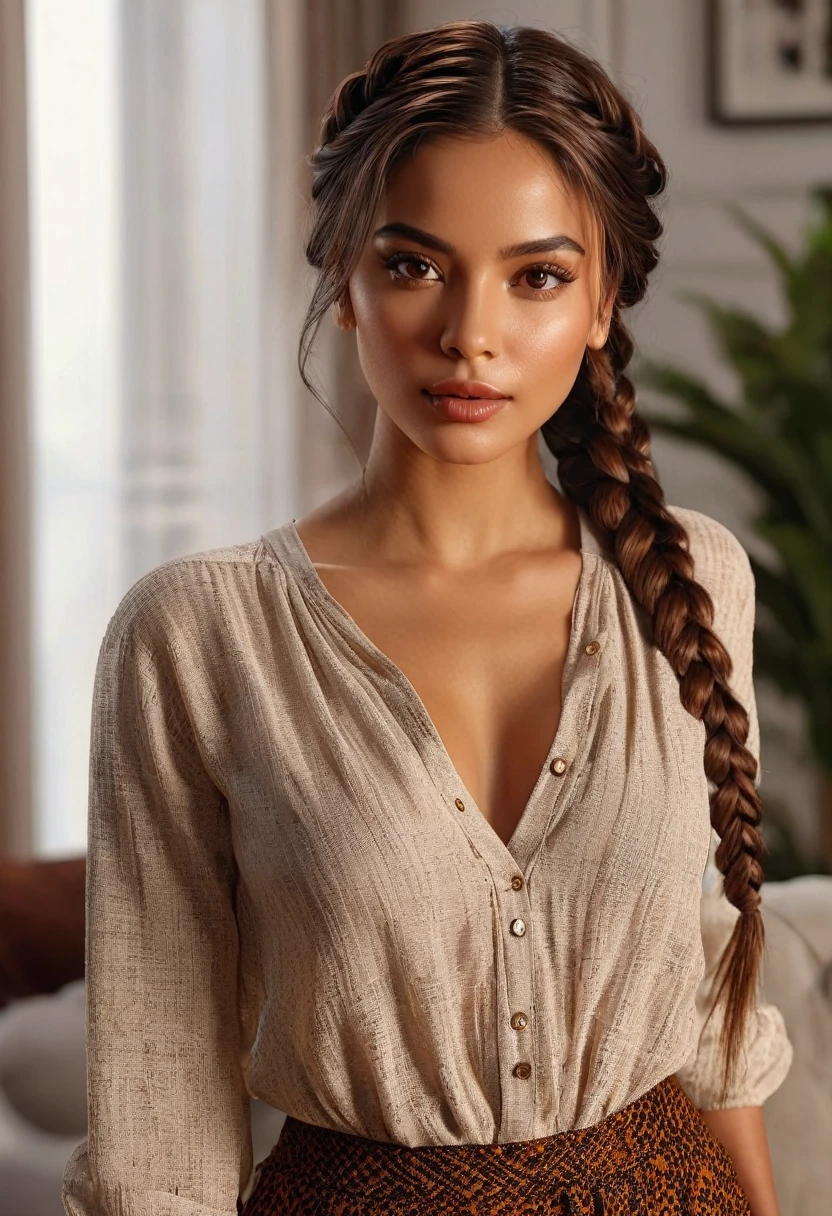(best quality,4k,highres,masterpiece:1.2),ultra-detailed,(realistic:1.37),(beautiful:1.1) brown-eyed woman with long braid hair and a medium stature, wearing casual and sexy and glamorous clothes, standing gracefully in a well-lit living room. The room is furnished with modern and elegant furniture, giving a luxurious atmosphere. The woman's beautiful face is detailed, with captivating eyes that shine with brown color. Her lips are full and luscious, adding to her sensual appeal. She exudes confidence and elegance as she poses, showcasing her entire body. The lighting in the room highlights her beautiful brown skin, giving it a warm and radiant glow. The overall scene has vivid colors and sharp focus, creating a realistic and photorealistic image.