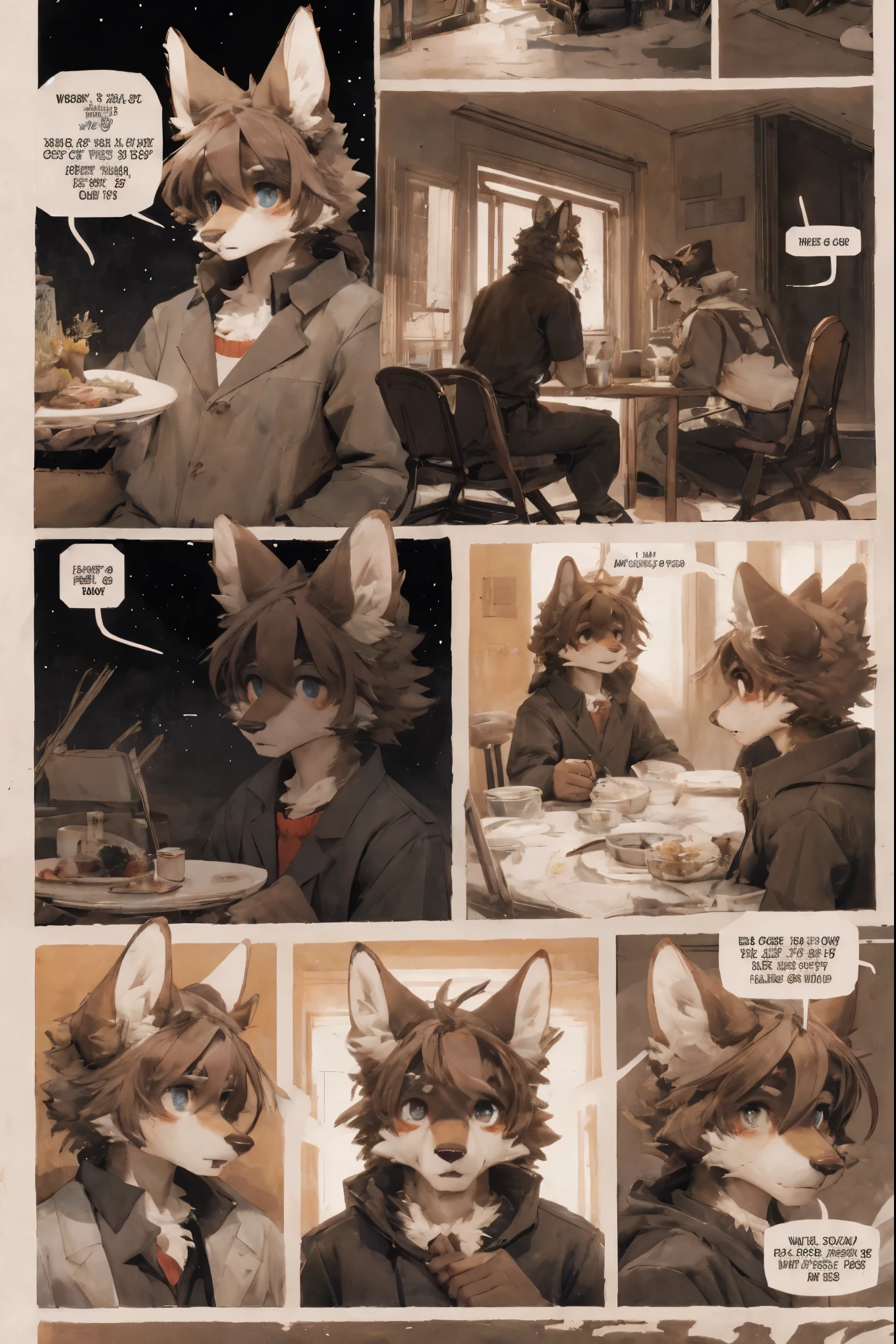 top quality, best quality, highres, masterpiece, super high resolution, detailed background, Casual reutaurant interior, part-time job, waiter, 6+boys, 6+girls, absurdres(highly detailed beautiful face and eyes)perfect anatomy, good lighting, cinematic shadow(kemono, furry anthro)assorted expressions, assorted poses, assorted angles, full body, upper shot, dynamic angle(girls comic-like panel layouts, speech balloon, English text, Hand-drawn sound effects stickers used in girls comic),