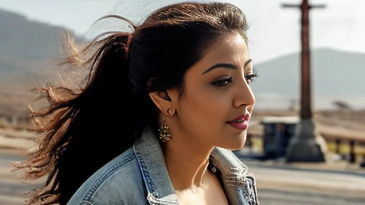 close up full body picture of naked pranitha, curvy, hourglass figure, swooping breasts, deep cleavage, seductive eyes, look at viewer, seducing on road, necklace, denim jacket, no bra, visible nipples,red lips, remove bra, sultry, ponytail, (cinematic:1.3), intricate details, (ArtStation:1.2)