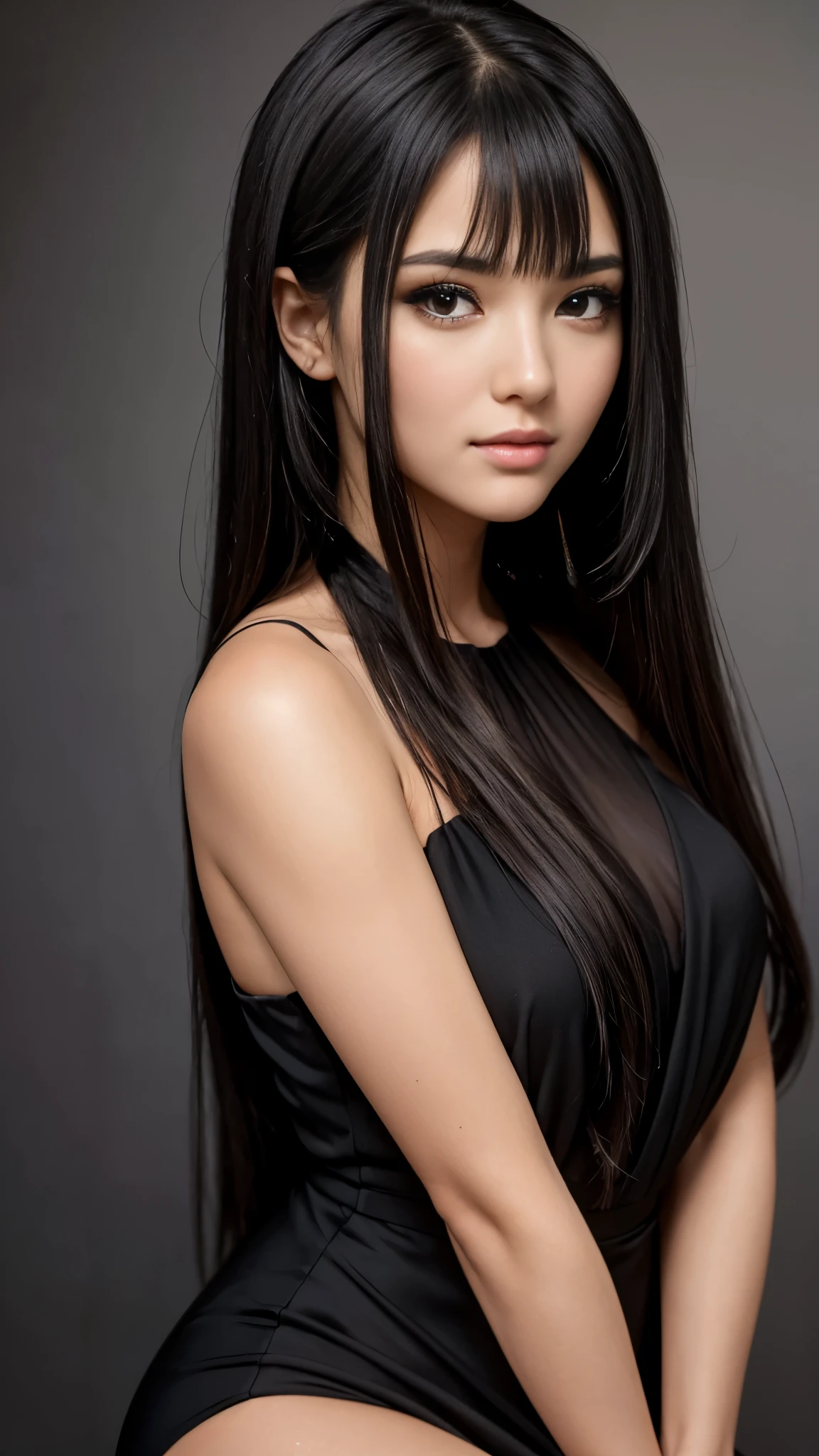 Beautiful black-haired girl with brown eyes and long hair in elegant black dress closeup on face professional photo shoot in a photo studio