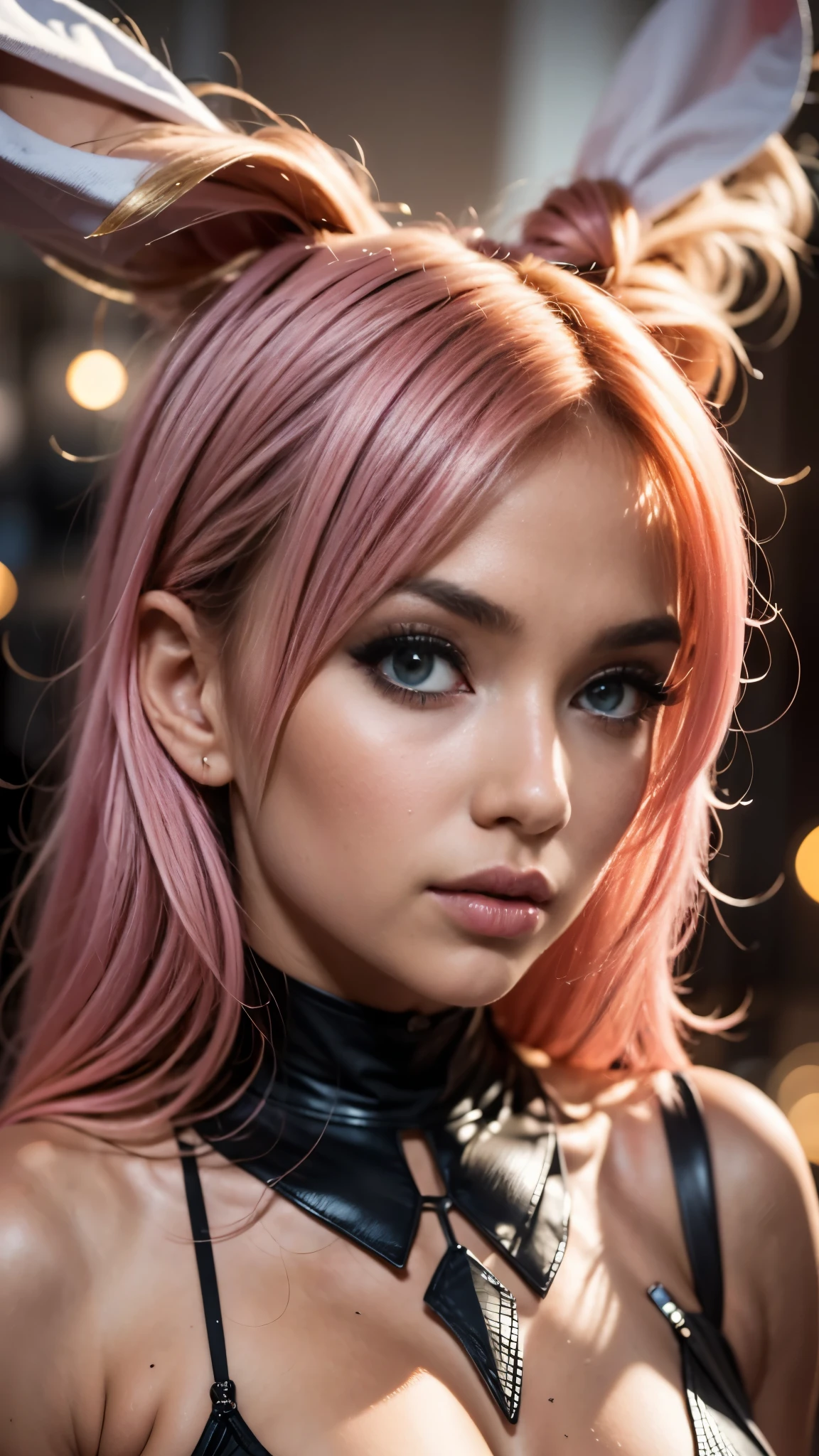 anime style, a closeup of a cartoon of a woman with ears and rabbit tail, with rabbit tail, with rabbit ears, girl design, mara, portrait, giesha, anime image, long hair, pink hair, hair covering ears, happy, polished and powerful look, exotic, tall