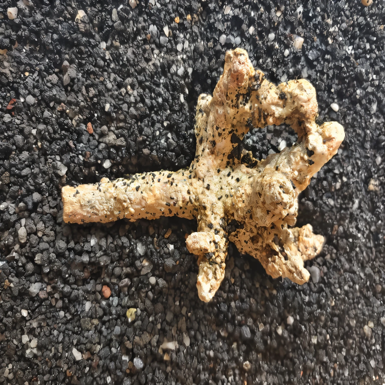 there is a dead animal on the ground with a black background, nug pic, bones lying on the ground, bones that were very dry, slime mold, brownish old fossil remnant, coral-like pebbles, unrefined sparkling gold nugget, moai seedling, dinosaur bone, exposed bone, bone scepter, ornamental rober, rhizomatic lifeform