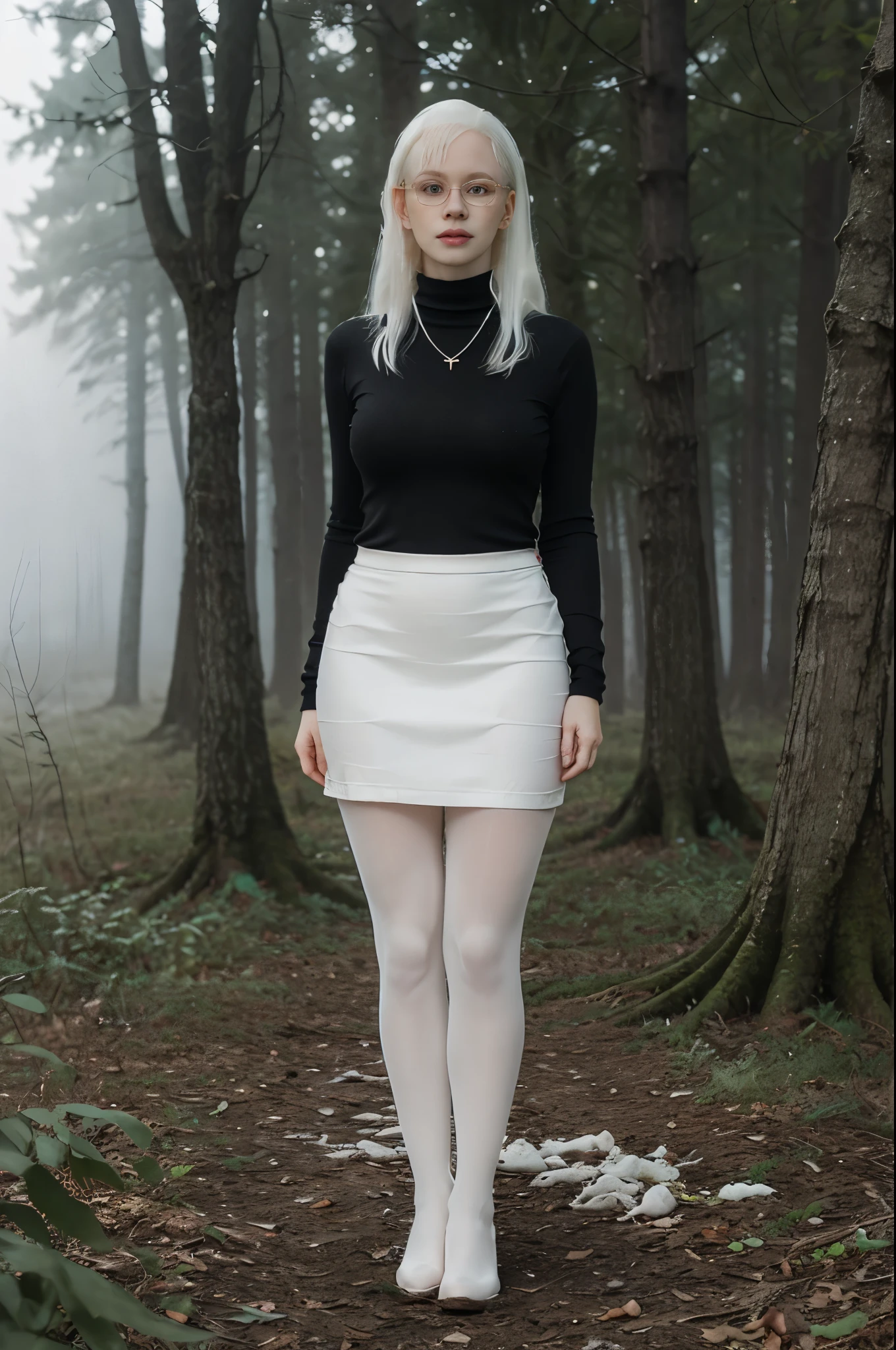 ((full body:1.4)), Cute 58 yo (albino:1.4) woman of Slavic descent. (short:1.1), long white hair, gray eyes, ((very pale:1.4)). Innocent look. Innocent face. Gentle spirit. (virgin), Eyeglasses, turtleneck, necklace, gray pencil skirt, (black pantyhose). (joy)), (love), Mystical forest. realistic hands. Mystic fog. Mystic smoke.