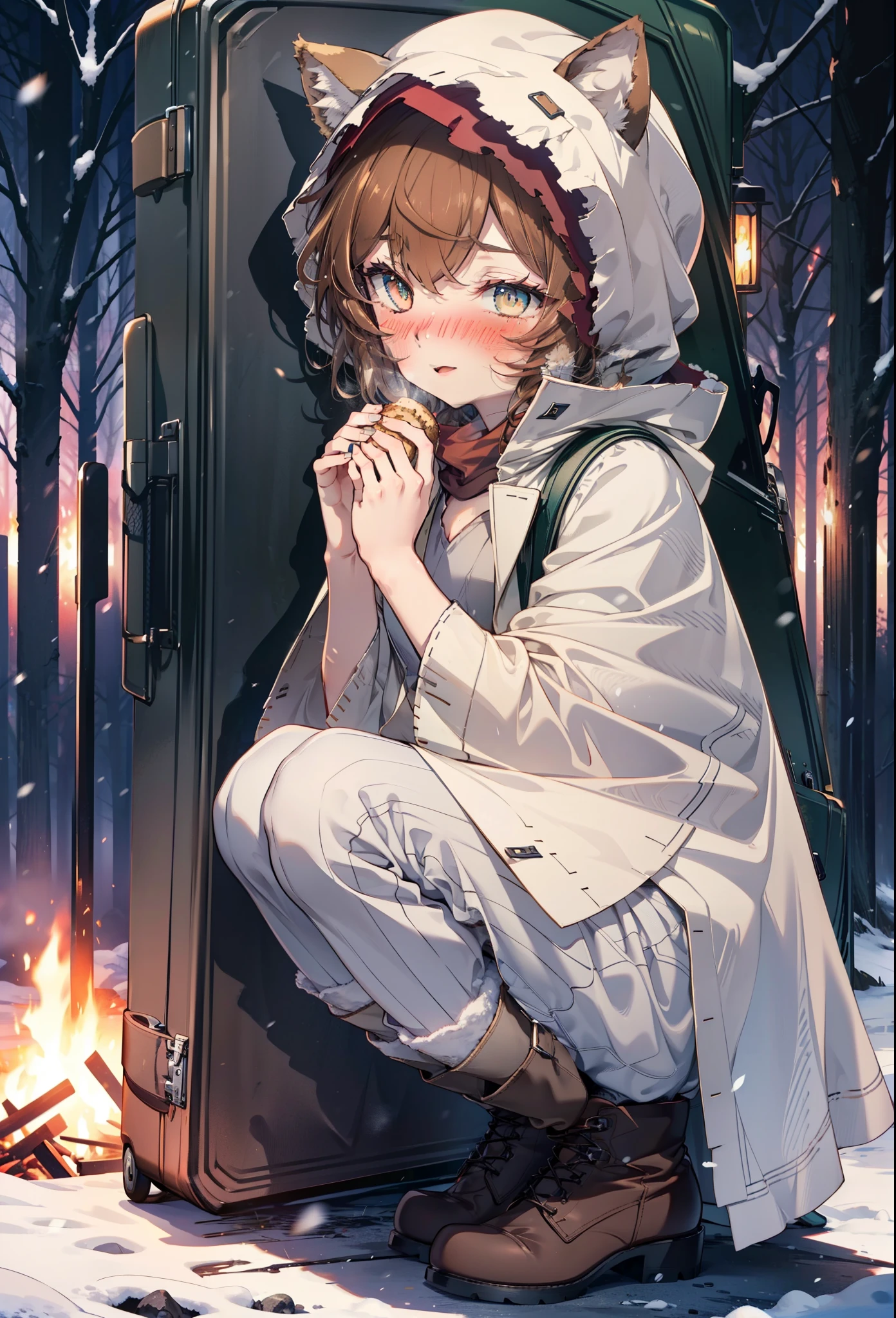 Liliru Card, Liliruca gets burned, Animal ears, (Brown eyes:1.7), Brown Hair, (Flat Chest:1.2), short hair,smile,blush,White Breath,
Open your mouth,snow,Ground bonfire, Outdoor, boots, snowing, From the side, wood, suitcase, Cape, Blurred, having meal, forest, White handbag, nature,  Squat, Mouth closed, Cape, winter, Written boundary depth, Black shoes, red Cape break looking at viewer, Upper Body, whole body, break Outdoor, forest, nature, break (masterpiece:1.2), highest quality, High resolution, unity 8k wallpaper, (shape:0.8), (Beautiful and beautiful eyes:1.6), Highly detailed face, Perfect lighting, Extremely detailed CG, (Perfect hands, Perfect Anatomy),