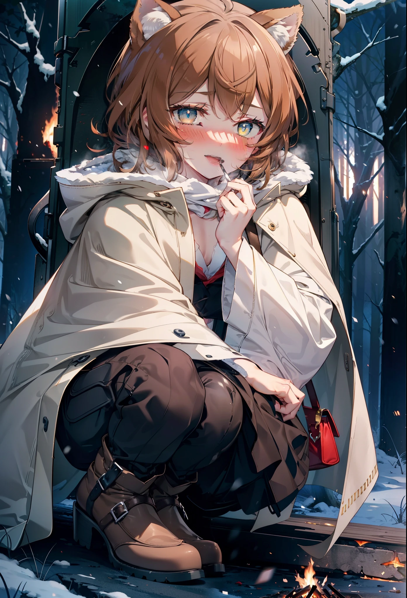 Liliru Card, Liliruca gets burned, Animal ears, (Brown eyes:1.7), Brown Hair, (Flat Chest:1.2), short hair,smile,blush,White Breath,
Open your mouth,snow,Ground bonfire, Outdoor, boots, snowing, From the side, wood, suitcase, Cape, Blurred, having meal, forest, White handbag, nature,  Squat, Mouth closed, Cape, winter, Written boundary depth, Black shoes, red Cape break looking at viewer, Upper Body, whole body, break Outdoor, forest, nature, break (masterpiece:1.2), highest quality, High resolution, unity 8k wallpaper, (shape:0.8), (Beautiful and beautiful eyes:1.6), Highly detailed face, Perfect lighting, Extremely detailed CG, (Perfect hands, Perfect Anatomy),