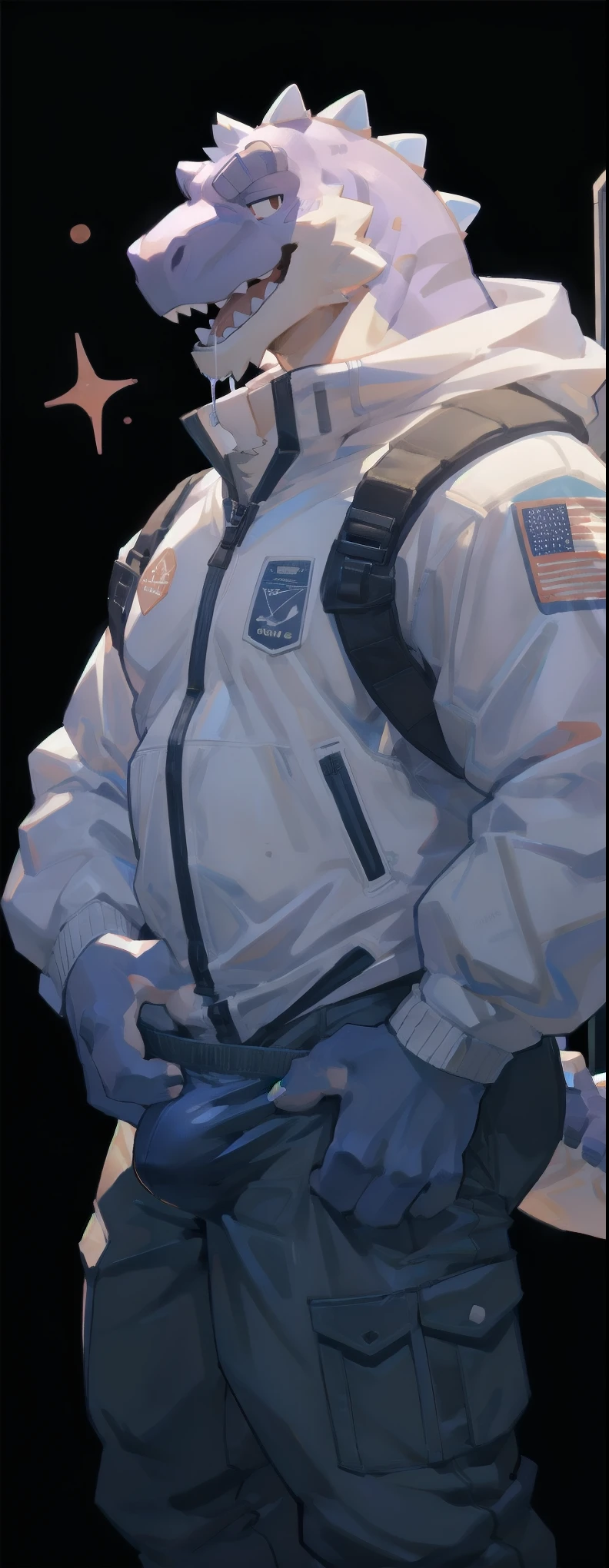 Solo, male, legs spread open, pulling pants down, by bigcozyorca, by goonie-san, by bebebebebe, by spikedmauler, facing viewer, black, purple colored tyrannosaurus, bushy tail, buff, spacesuit, pulling pants down, showing off bulge, showing off, space hanger background, open mouth, detailed mouth, tongue hanging out, drooling, smirking, eductive smile, lustful grin, bulge, bulging, hard bulge, adjusting hard bulge, adjusting bulge, adjusting crotch, masterbating, jacking off, touching dick, big erect cock, dad bod, daddy, older, 💕 ,pulling cock out of pants