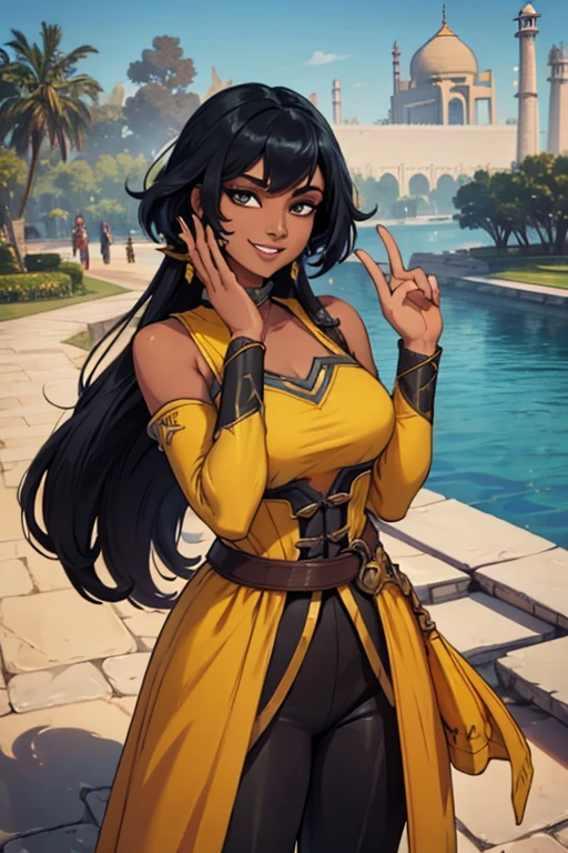 nilah \(league of legends\), 1girl, yellow dress, black pants, black hair, smiling , taj mahal behind in background , saying hello with hand , view on face