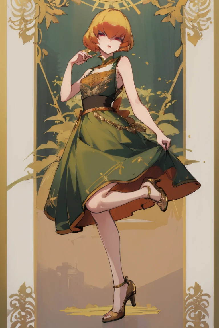 ((highest quality)), ((masterpiece)), (be familiar with),Clementine,Overload,nsfw,Sleeveless dress,Gorgeous green dress,Gold embroidery,High heels,Fascinating,Long skirt