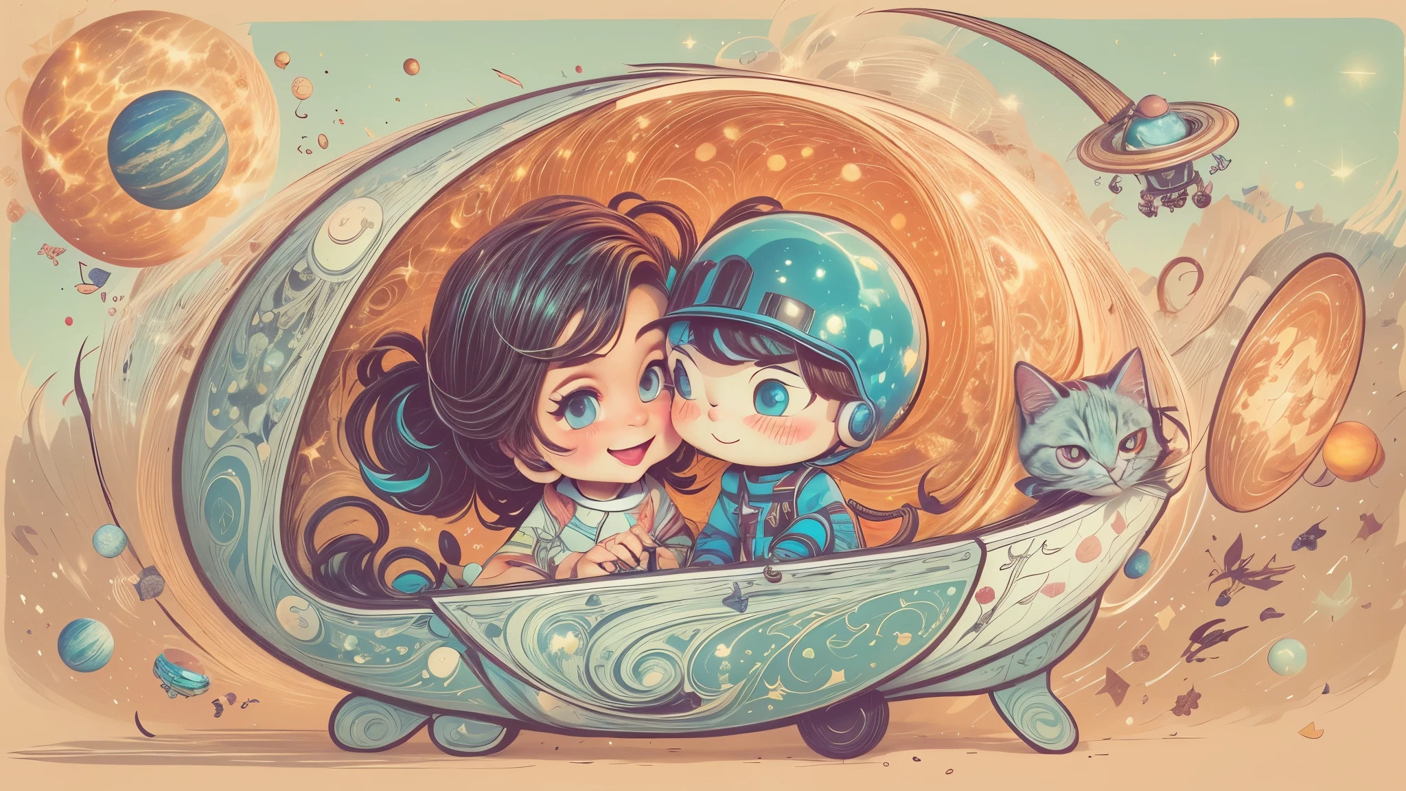 Cartoon illustration of a boy and a girl in space with cat, official fan art, in space, kitten in outer space, in outer space, in deep space, in galaxies, deep space exploration!!!, space travel, wearing in stars and planets, outer space, outer space, starry sky in space, in space, official art, space, on a spaceship, colorful, cute, more detailed, light, more realistic, cartoon