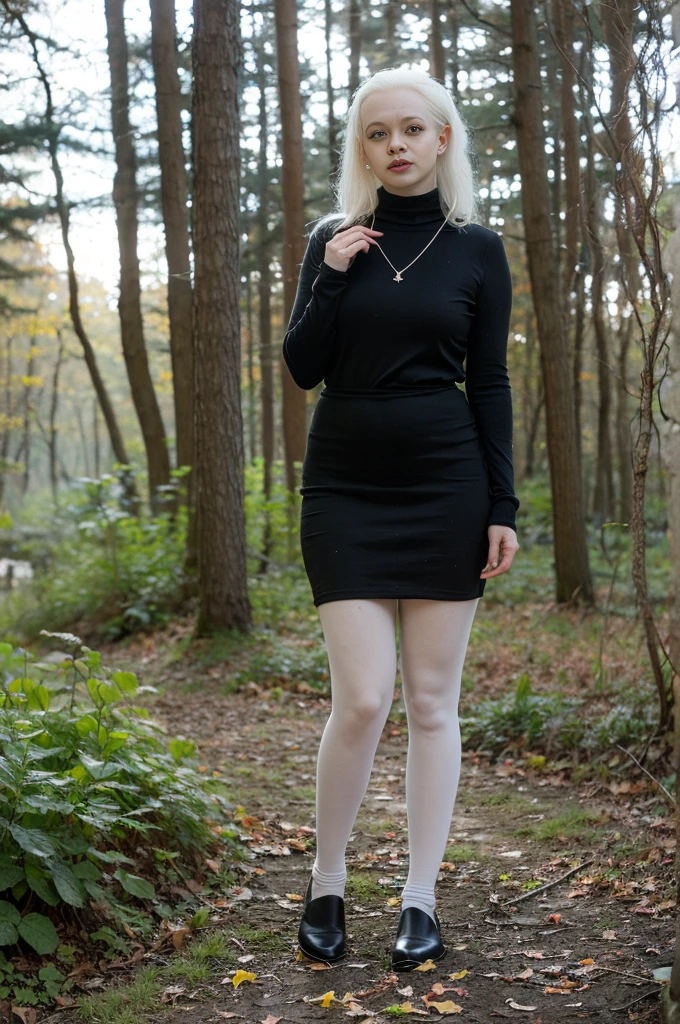 ((full body:1.4)), Cute 58 yo (albino:1.4) woman of Slavic descent. (short:1.1), long white hair, gray eyes, ((very pale:1.4)). Innocent look. Innocent face. Gentle spirit. (virgin), Eyeglasses, turtleneck, necklace, gray pencil skirt, (black pantyhose). (joy)), (love), Mystical forest. realistic hands. Mystic fog. Mystic smoke.