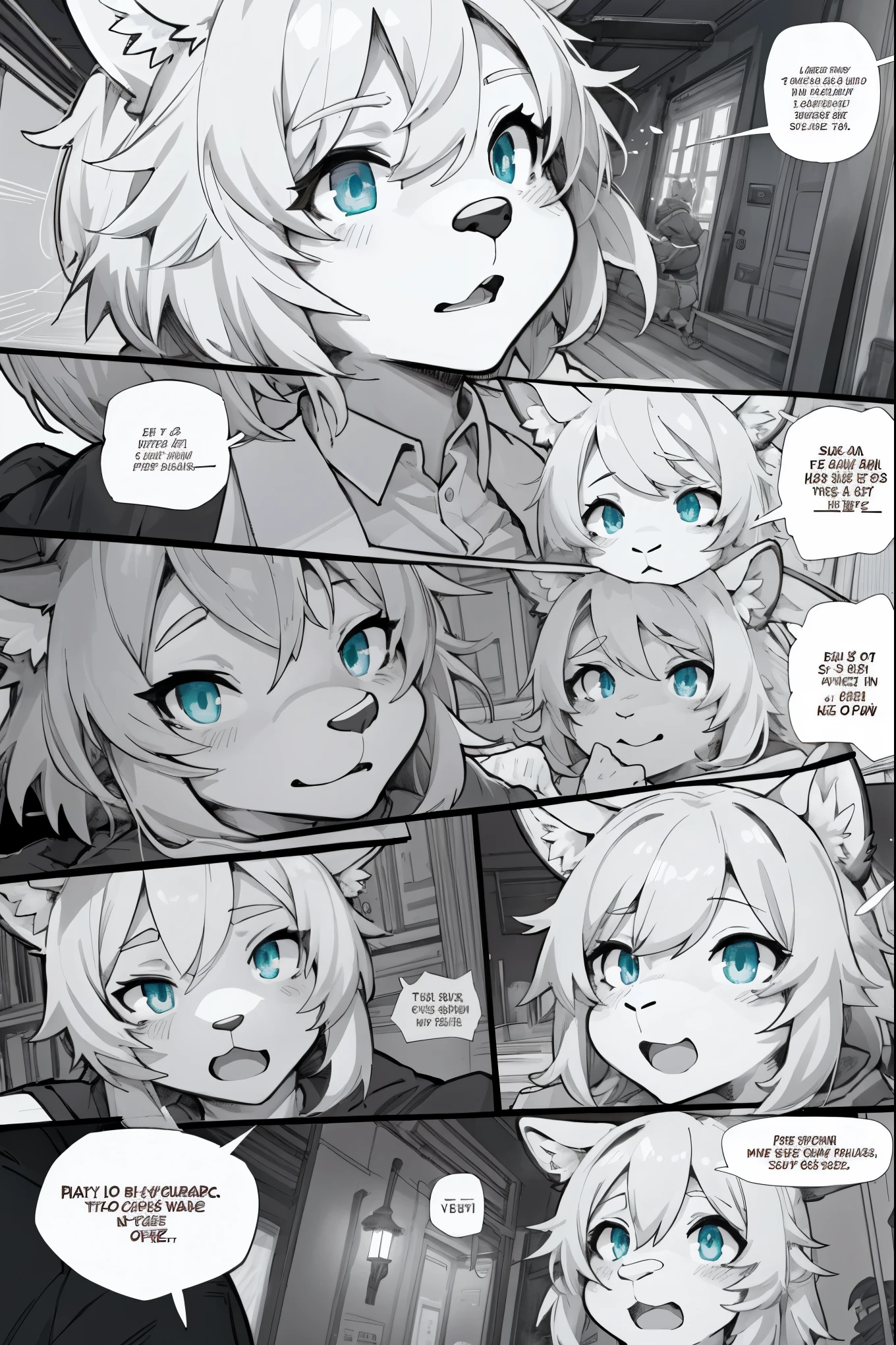 top quality, best quality, highres, masterpiece, super high resolution, detailed background, Casual reutaurant interior, part-time job, waiter, 6+boys, 6+girls, absurdres(highly detailed beautiful face and eyes)perfect anatomy, good lighting, cinematic shadow(kemono, furry anthro)assorted expressions, assorted poses, assorted angles, full body, upper shot, dynamic angle(girls comic-like panel layouts, speech balloon, English text, Hand-drawn sound effects stickers used in girls comic),