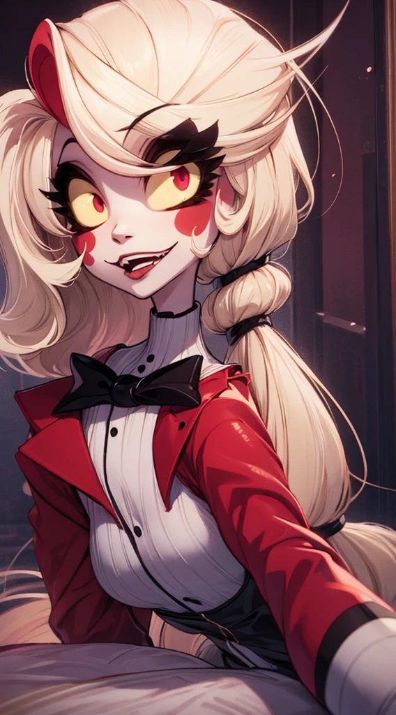 1girl,25 years old,Charlie Morningstar, long hair, yellow sclera, blonde hair, white skin, perfect anatomy, smilingfull body,extremely detailed face and eyes,beautiful detailed lips,long eyelashes,elegant dress,dramatic lighting,cinematic composition,she is wearing red lingerie,sexy lingerie,looking the camera,flirting with camera, embarassed look,in her hazbinhotel, with anime look