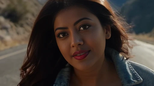 close up full body photo of naked pranitha, full body, curvy, hourglass figure, swooping breasts, deep cleavage, seductive eyes, look at viewer, seducing on road, necklace, denim jacket, no bra, visible nipples,red lips, remove bra, sultry, ponytail, (cinematic:1.3), intricate details, (ArtStation:1.2)