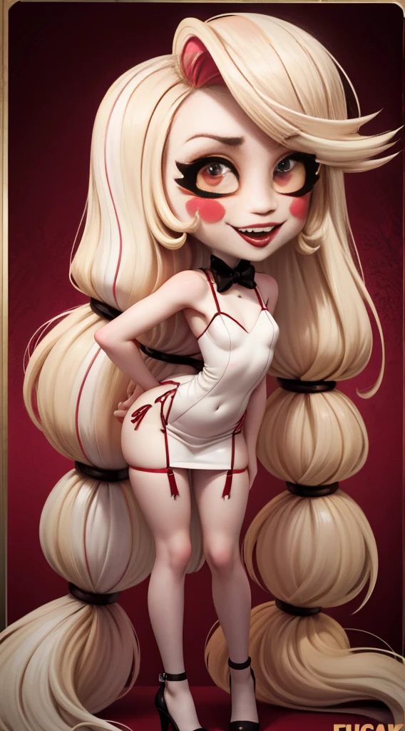 1girl,25 years old,Charlie Morningstar, long hair, yellow sclera, blonde hair, white skin, perfect anatomy, smilingfull body,extremely detailed face and eyes,beautiful detailed lips,long eyelashes,elegant dress,dramatic lighting,cinematic composition,she is wearing red lingerie,sexy lingerie,looking the camera,flirting with camera, embarassed look,in her hazbinhotel, with anime look