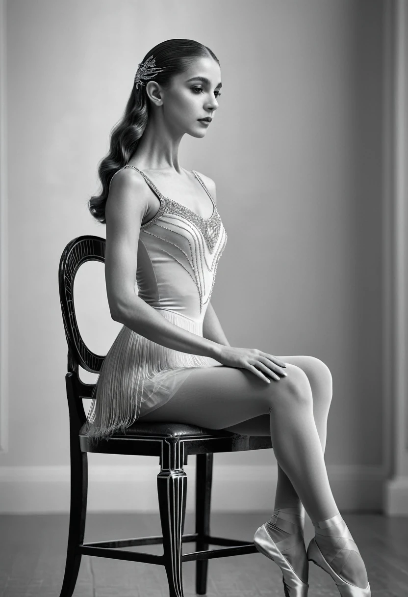 raw photo, 8k uhd, b&w, an elegant Spanish ballerina with perfect posture sitting on an art deco chair in an empty room, upright, hands to her sides, long brushed hair, seen from the side, her sitting position is perfect