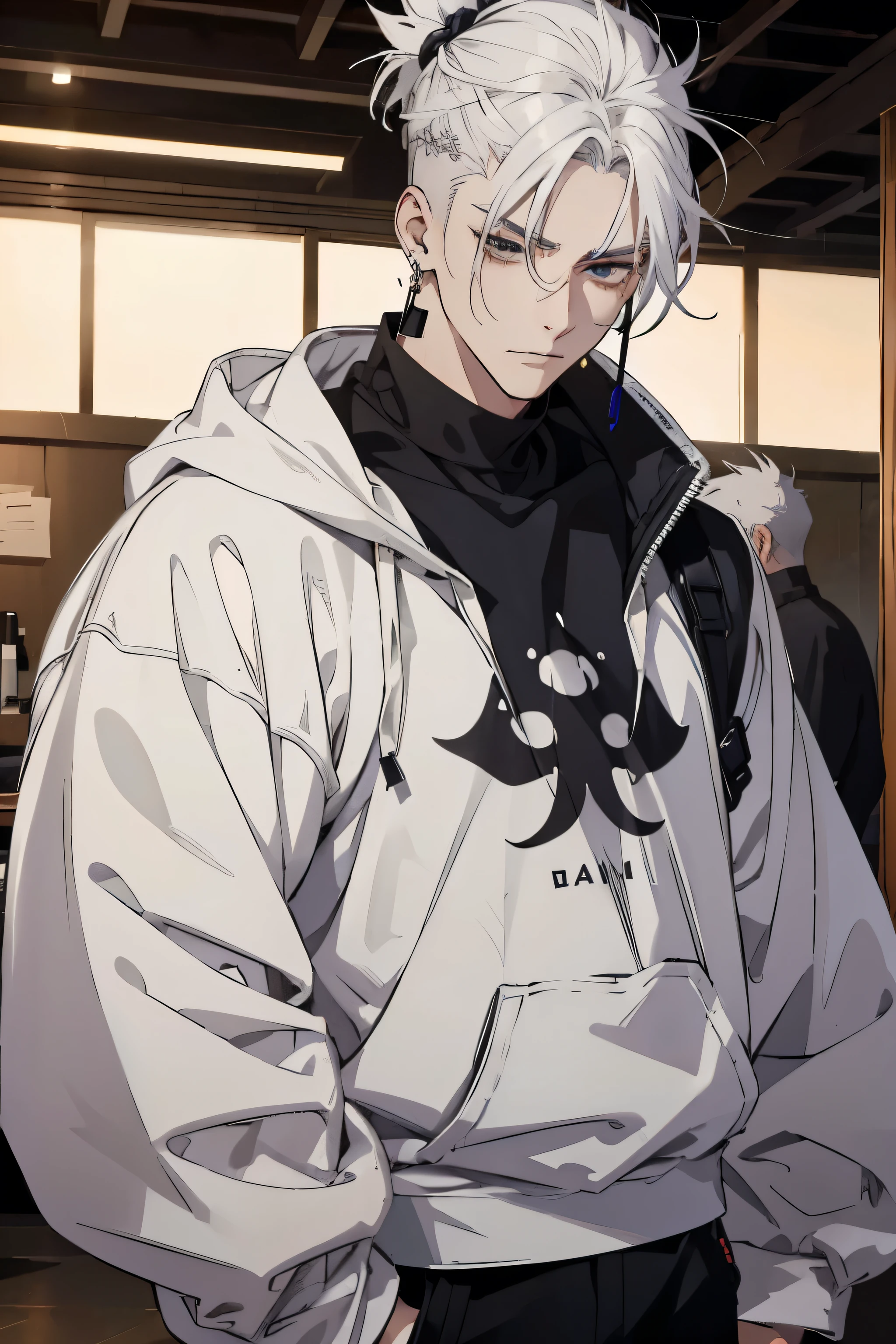 Anime man gradient young white hair low on shaved sides turns hair to the left side in the middle serious face with black earrings sweatshirt dark circles big black hair big brown hair extremely