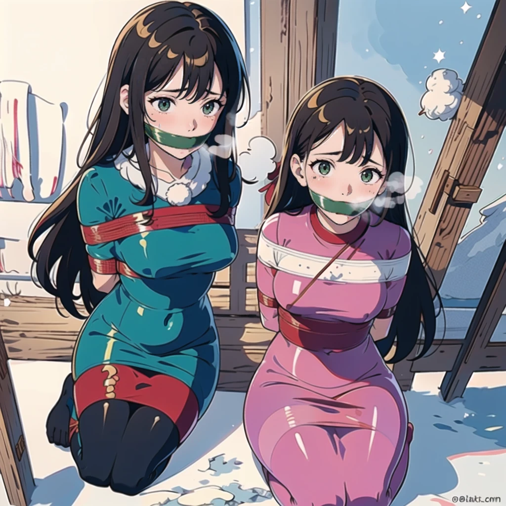 1girl, brown hair, green grey eyes, ((kneeling, arms behind back, bound arm, bound wrists, bound legs, wrists behind waist, tape bondage, tape wrap gagged,(masterpiece:1.2), best quality, masterpiece, highres, original, extremely detailed wallpaper, perfect lighting,(extremely detailed CG:1.2) , (sweatdrop, winter, plum blossoms, snowing, snow, wind, outdoor, sad, nature, ),from above, looking down, steam from mouth,