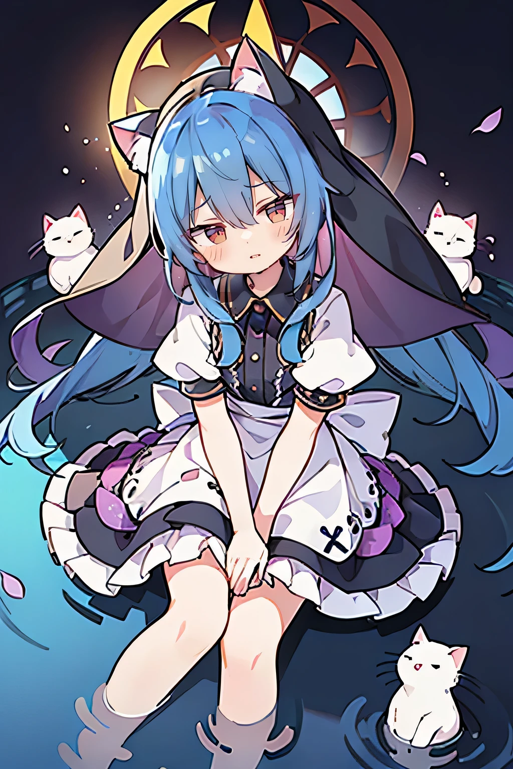 (masterpiece:1.2),Extremely detailed,Practical,expressive eyes,Fair skin,Perfect face shaping,1 Girl,
Japanese cartoons,Gorgeous blue hair, the long flowing blue hair,Floating clothes,Cat ears,Petals fall,beautiful lola,Young Angel,
Place your hands on your waist,sit elegantly on the ground,Cross your legs,Gentle and peaceful background,stately church,nun,lie on the water,Blackening,A look of disdain.