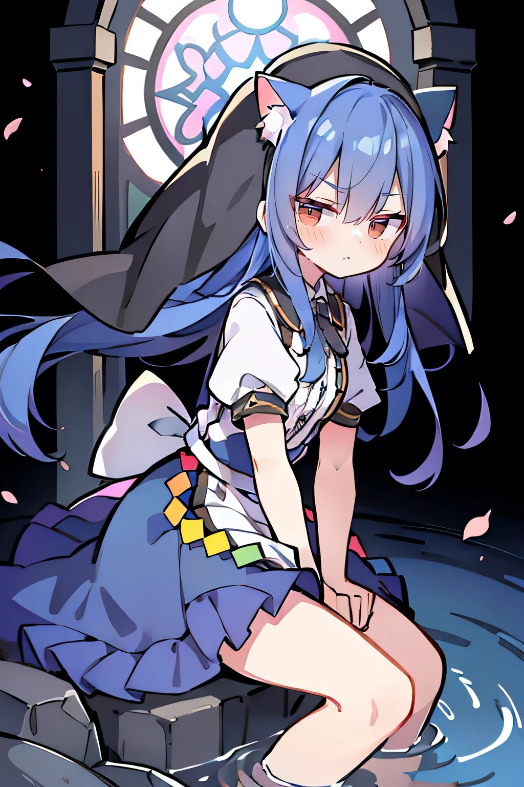 (masterpiece:1.2),Extremely detailed,Practical,expressive eyes,Fair skin,Perfect face shaping,1 Girl,
Japanese cartoons,Gorgeous blue hair, the long flowing blue hair,Floating clothes,Cat ears,Petals fall,beautiful lola,Young Angel,
Place your hands on your waist,sit elegantly on the ground,Cross your legs,Gentle and peaceful background,stately church,nun,lie on the water,Blackening,A look of disdain.