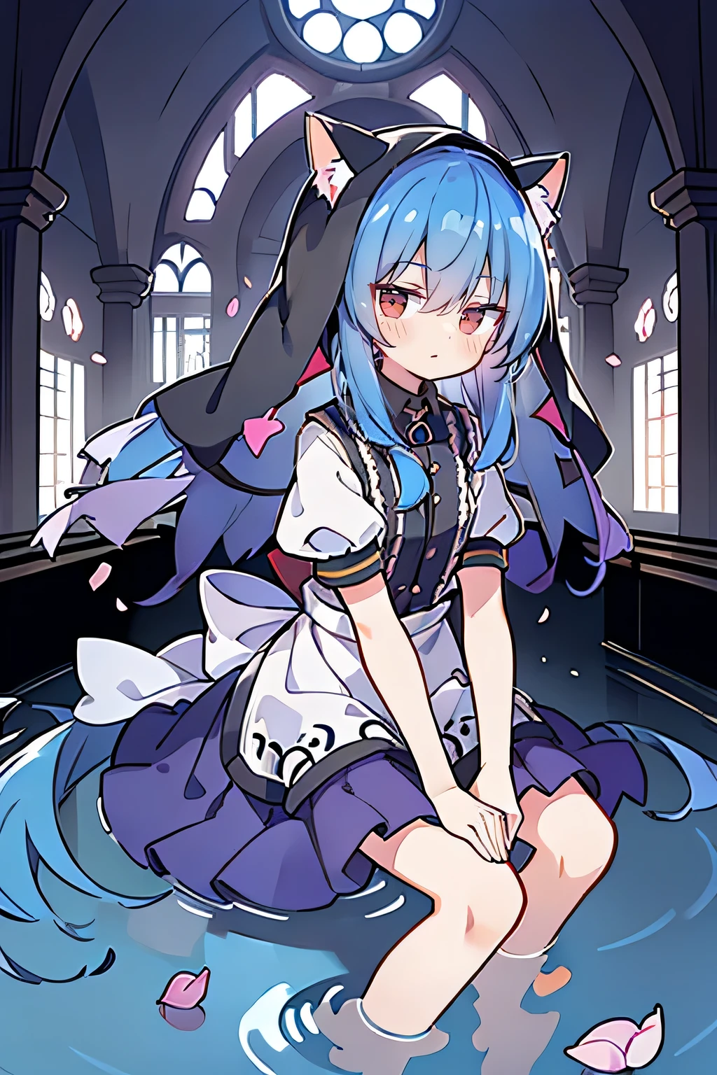 (masterpiece:1.2),Extremely detailed,Practical,expressive eyes,Fair skin,Perfect face shaping,1 Girl,
Japanese cartoons,Gorgeous blue hair, the long flowing blue hair,Floating clothes,Cat ears,Petals fall,beautiful lola,Young Angel,
Place your hands on your waist,sit elegantly on the ground,Cross your legs,Gentle and peaceful background,stately church,nun,lie on the water,Blackening,A look of disdain.