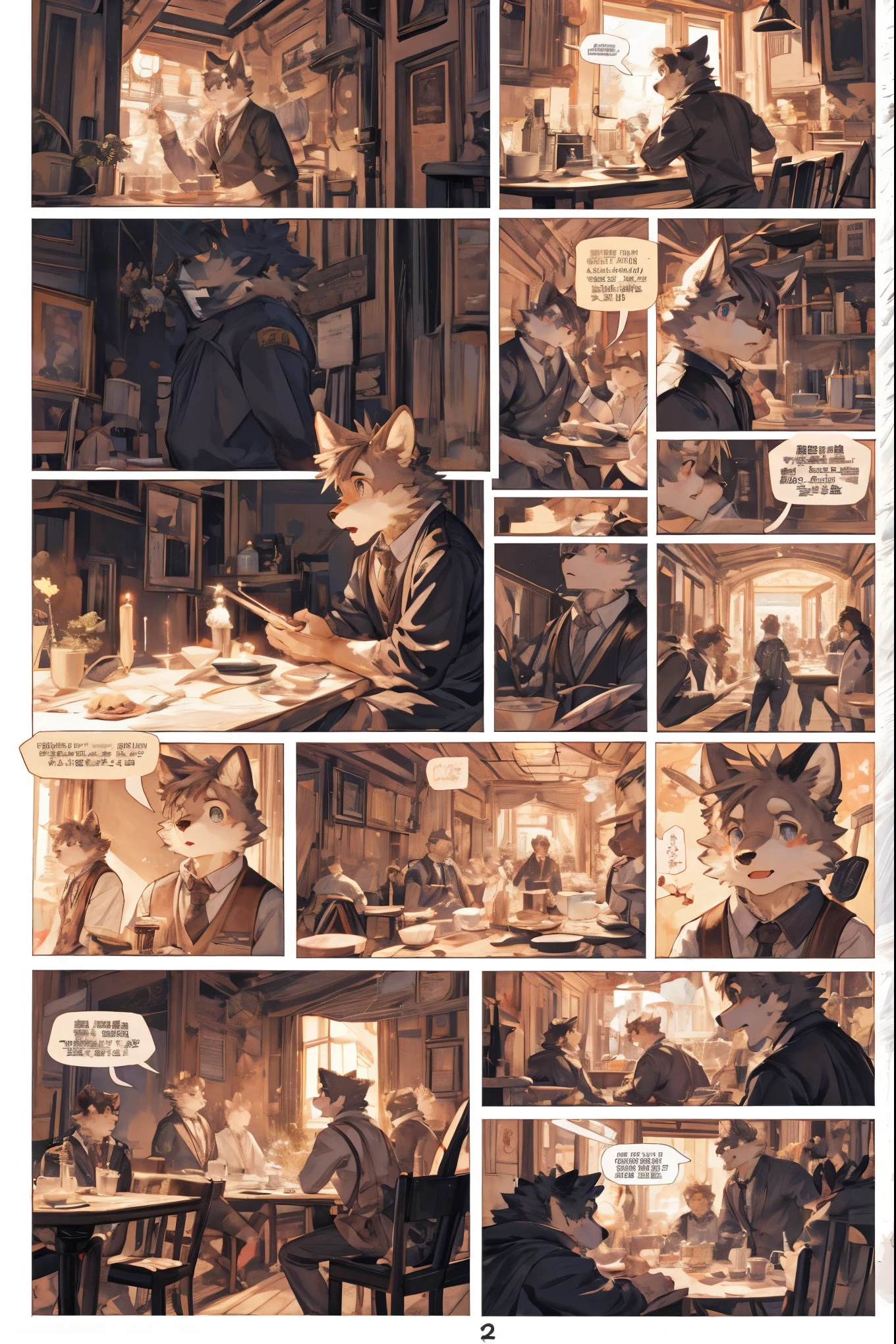 top quality, best quality, highres, masterpiece, super high resolution, detailed background, Casual reutaurant interior, part-time job, waiter, 6+boys, 6+girls, absurdres(highly detailed beautiful face and eyes)perfect anatomy, good lighting, cinematic shadow(kemono, furry anthro)assorted expressions, assorted poses, assorted angles, full body, upper shot, dynamic angle(girls comic-like panel layouts, speech balloon, English text, Hand-drawn sound effects stickers used in girls comic),