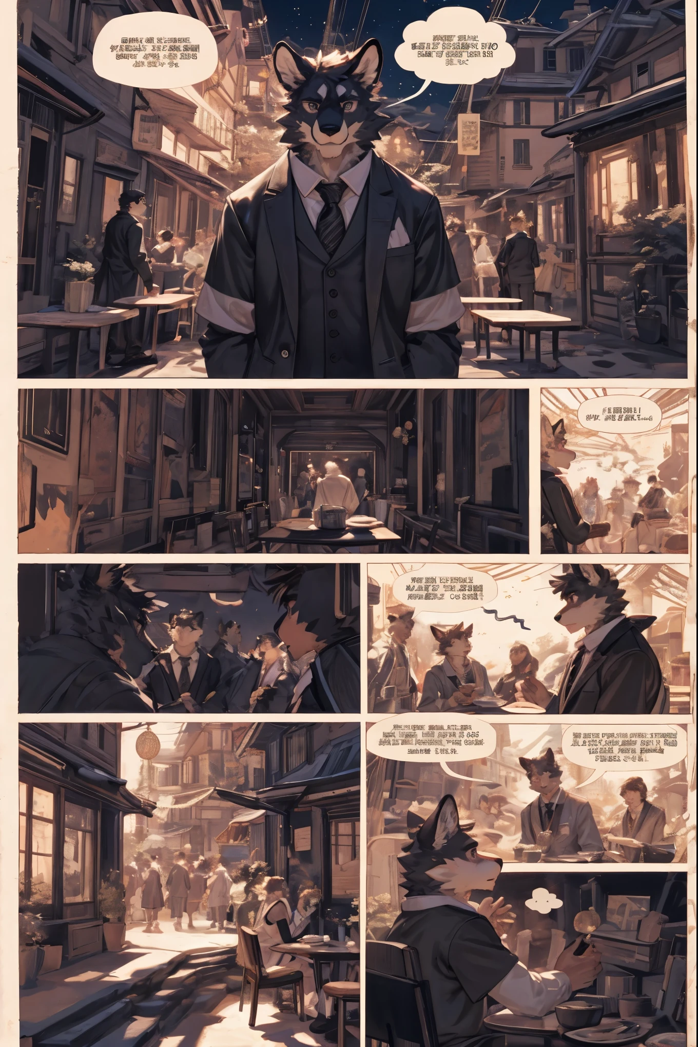 top quality, best quality, highres, masterpiece, super high resolution, detailed background, Casual reutaurant interior, part-time job, waiter, 6+boys, 6+girls, absurdres(highly detailed beautiful face and eyes)perfect ???????, good lighting, cinematic shadow(kemono, furry anthro)assorted expressions, assorted poses, assorted angles, full body, upper shot, dynamic angle(girls comic-like panel layouts, speech balloon, English text, Hand-drawn sound effects stickers used in girls comic),