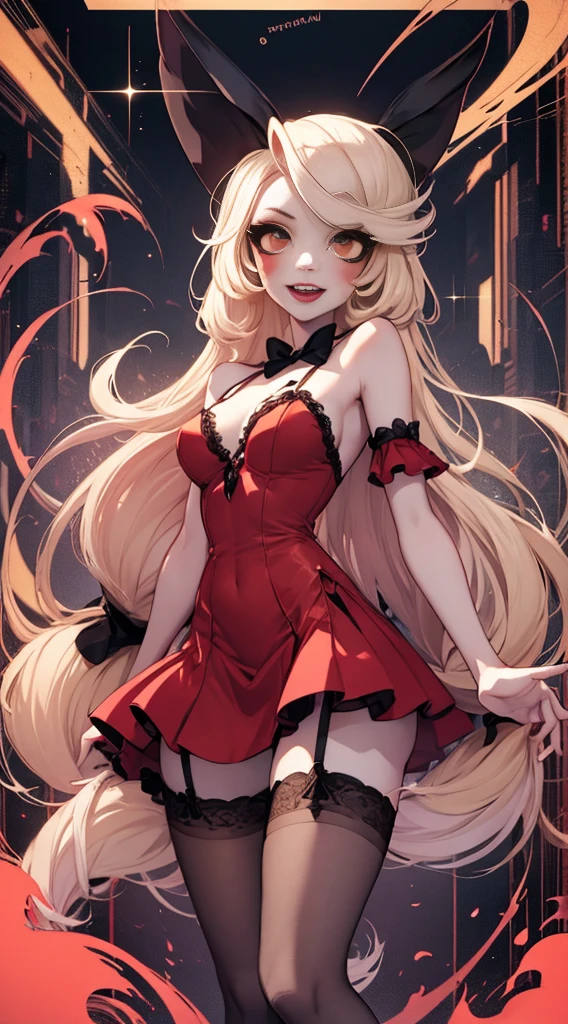 1girl,25 years old,Charlie Morningstar, long hair, yellow sclera, blonde hair, white skin, perfect anatomy, smiling,full body,extremely detailed face and eyes,beautiful detailed lips,long eyelashes,elegant dress,dramatic lighting,cinematic composition,she is wearing red lingerie,(((sexy lingerie))),looking the camera,flirting with camera, in her hazbinhotel, with anime look