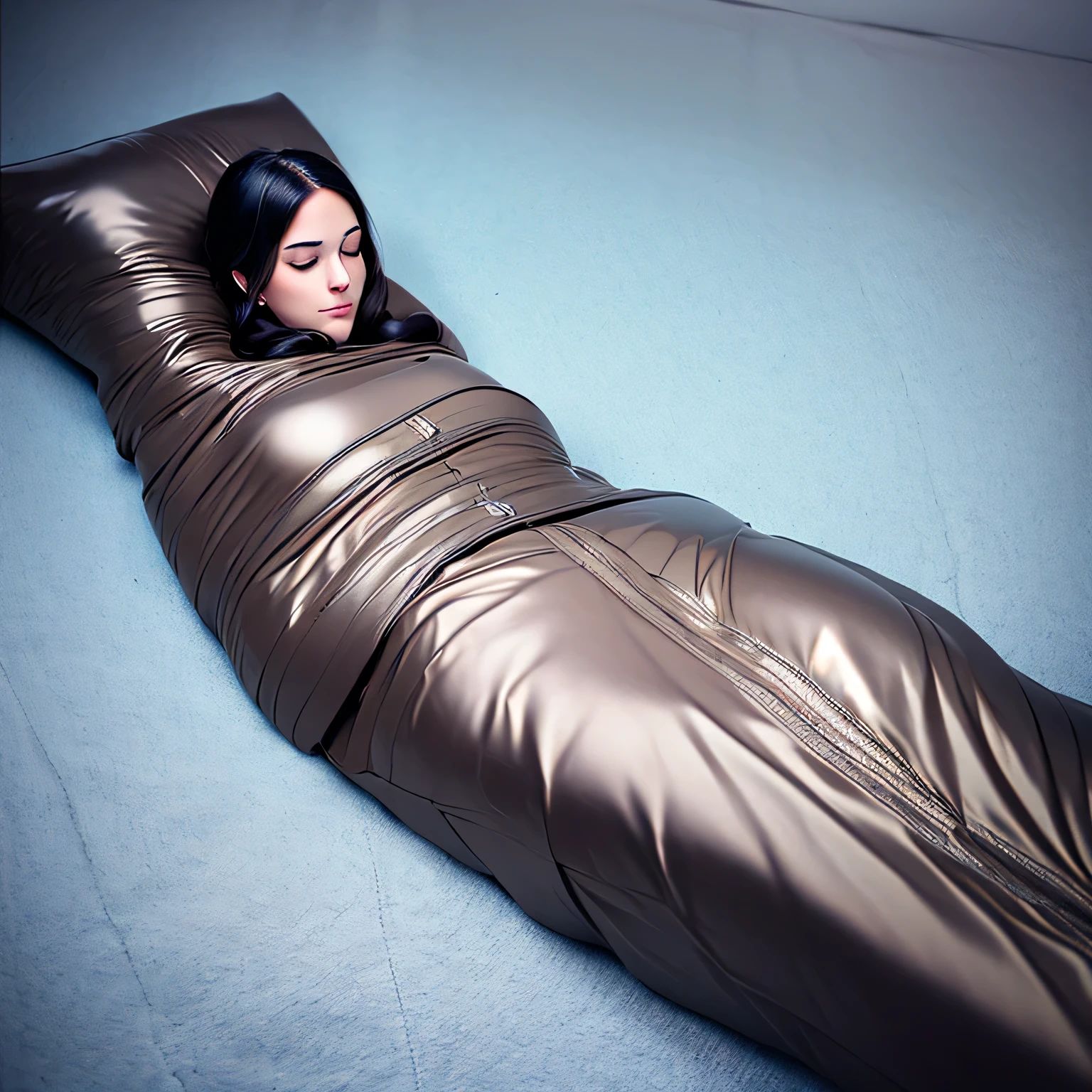 Best quality,4K,8K,a high resolution,masterpiece:1.2,ultra detailed,realistic:1.37,Young woman, wrapped in a sleeping bag,beautiful detailed eyes,beautiful detailed lips,very detailed face,long eyelashes,Sleep peacefully,shiny and smooth surface of the sleeping bag,subtle folds and draperies of material,tightly hugging her body,restricting her movement,peaceful and serene expression on her face,dreamy and calm atmosphere,gentle ray of moonlight, lighting the stage,subtle shadows, thrown away by folds ,precise and realistic fold details,thick sleeping bag surface texture,sublime color gradient sleeping bag,calming and gentle color palette,dim and soothing lighting,a touch of tenderness in the composition,fabulous and unearthly atmosphere,bondage,mummification