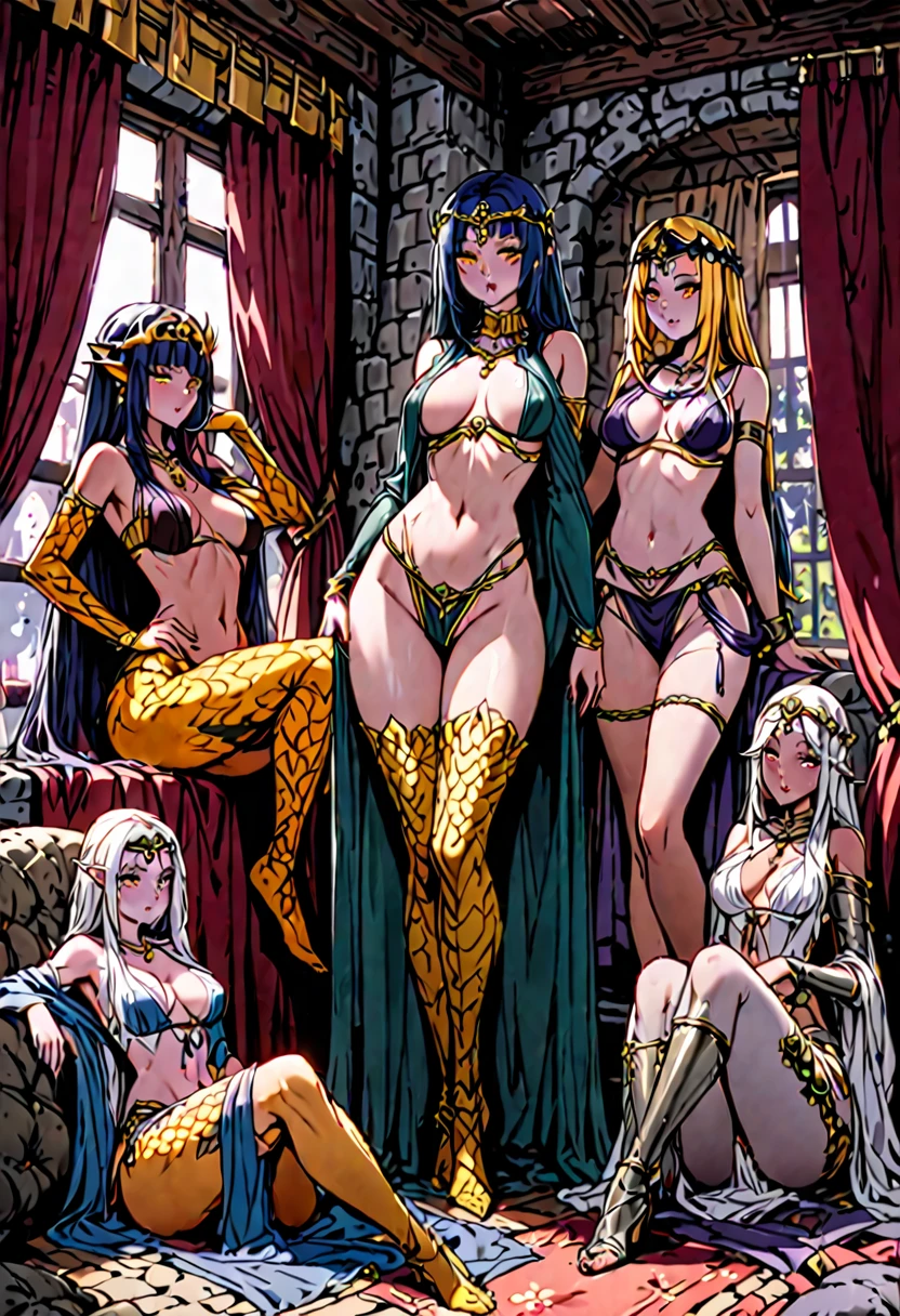 female only, sfw, harem, medieval, warm, monster girl, multiple females, curtains, exotic, luxury