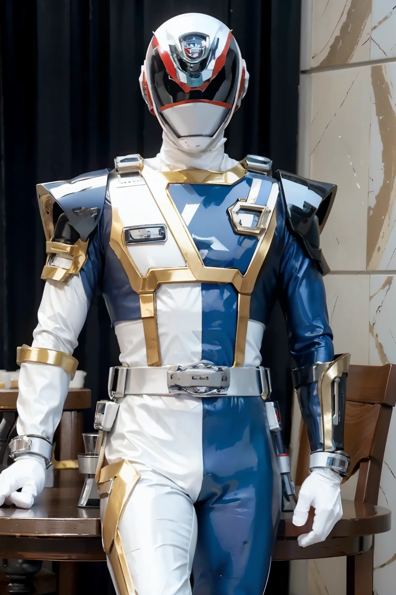 Fantasy background, cafe rpg style, empty chair, table, set of tea glass, (power rangers)), One guy、, ((white ranger suit)), red and blue chest armor with gold details, costume, Solo, ((fit figure)), (Anatomically correct), Cowboy shot, masked face, guns, muscular build