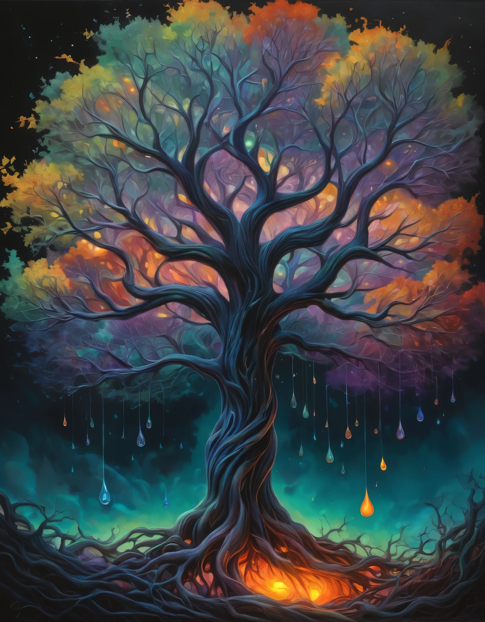 A surreal, vividly colorful tree in the center of the composition, set against a dark, almost black background. The tree's trunk twists and spirals upwards, splitting into various branches that explode into a spectrum of bright colors, creating an ethereal, magical effect. The foliage transitions smoothly from fiery reds and oranges on the left, through bright yellows and greens in the center, to deep blues and purples on the right. Each leaf and branch is intricately detailed, with some branches appearing to glow. Surrounding the tree are floating, teardrop-shaped luminescent orbs that add to the mystical atmosphere. The lighting highlights the vibrant colors of the tree, making it look like it is glowing from within. The overall mood is otherworldly and fantastical, resembling a digital art style that combines elements of surrealism and fantasy.