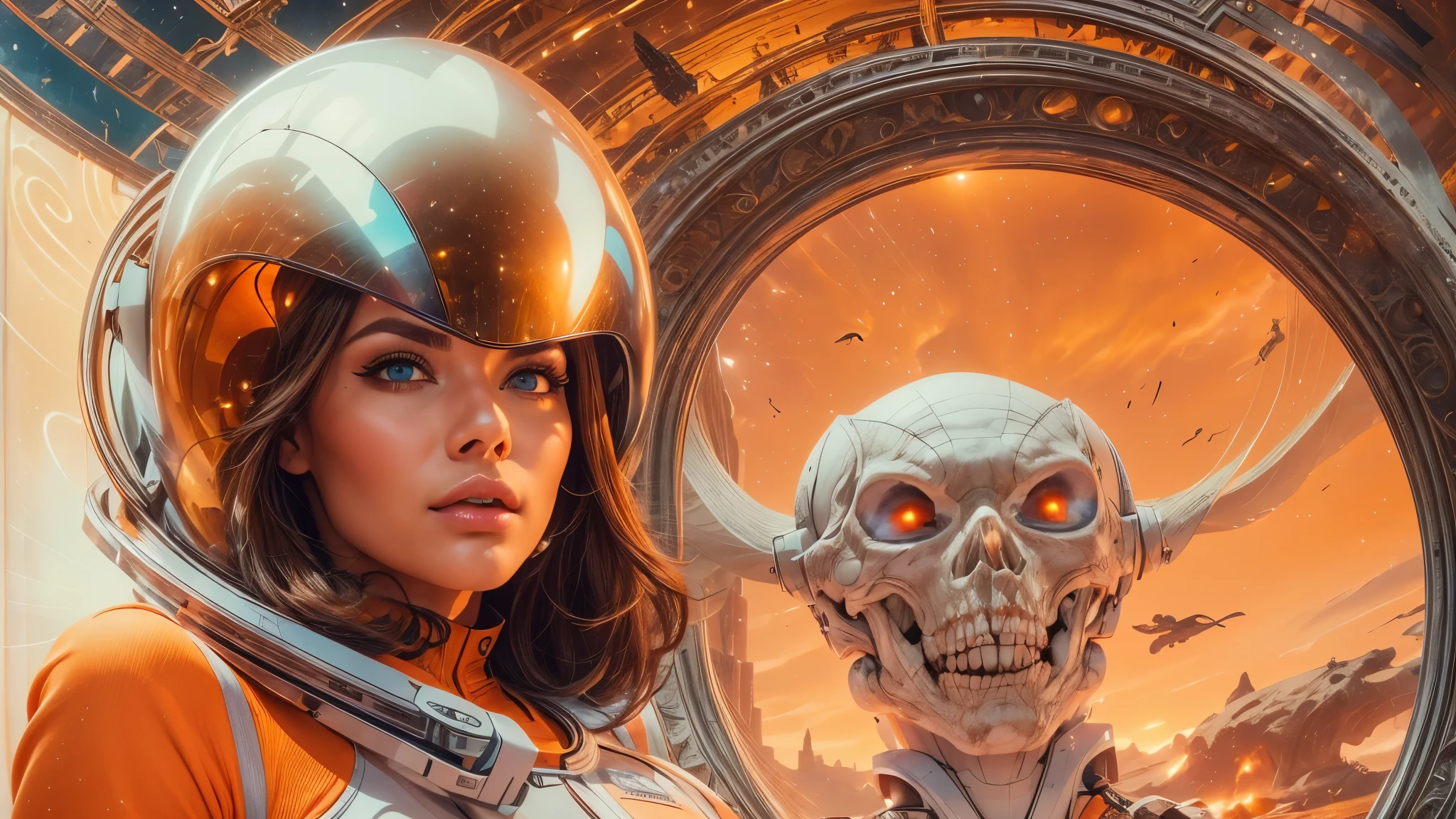 arafed image of a white woman in a futuristic suit with a spaceship in the background, movie art, in front of an orange background, inspired by Robert McGinnis, female protagonist, megastructure in the background, portrait of an ai astronaut, astronauts, an astronaut, portrait of a astronaut skeletor, perfect android girl, detailed eyes, perfectly detailed teeth, frank franzzeta and sakimichan