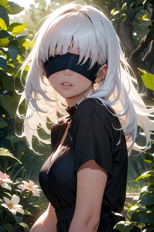 forest, night, outsides, Realistic, 8K, masterpiece, highest quality, Beautiful expression, from below, upper body, 1girl, 1 Screen View, sit, Fingers crossed, fair skin, wet with sweat, see through, Shiny natural skin texture, Large Breasts, parted lips, expressionless, long hair, straight hair, white hair, flower crown, (Black casual dress:1.3), (No underwear:1.2), (nsfw:1.1), (underlighting:1.2), (puffynipple:1.2), (blindfold :1.5), (Beautiful Face:1.3), (blunt bangs:1.2)