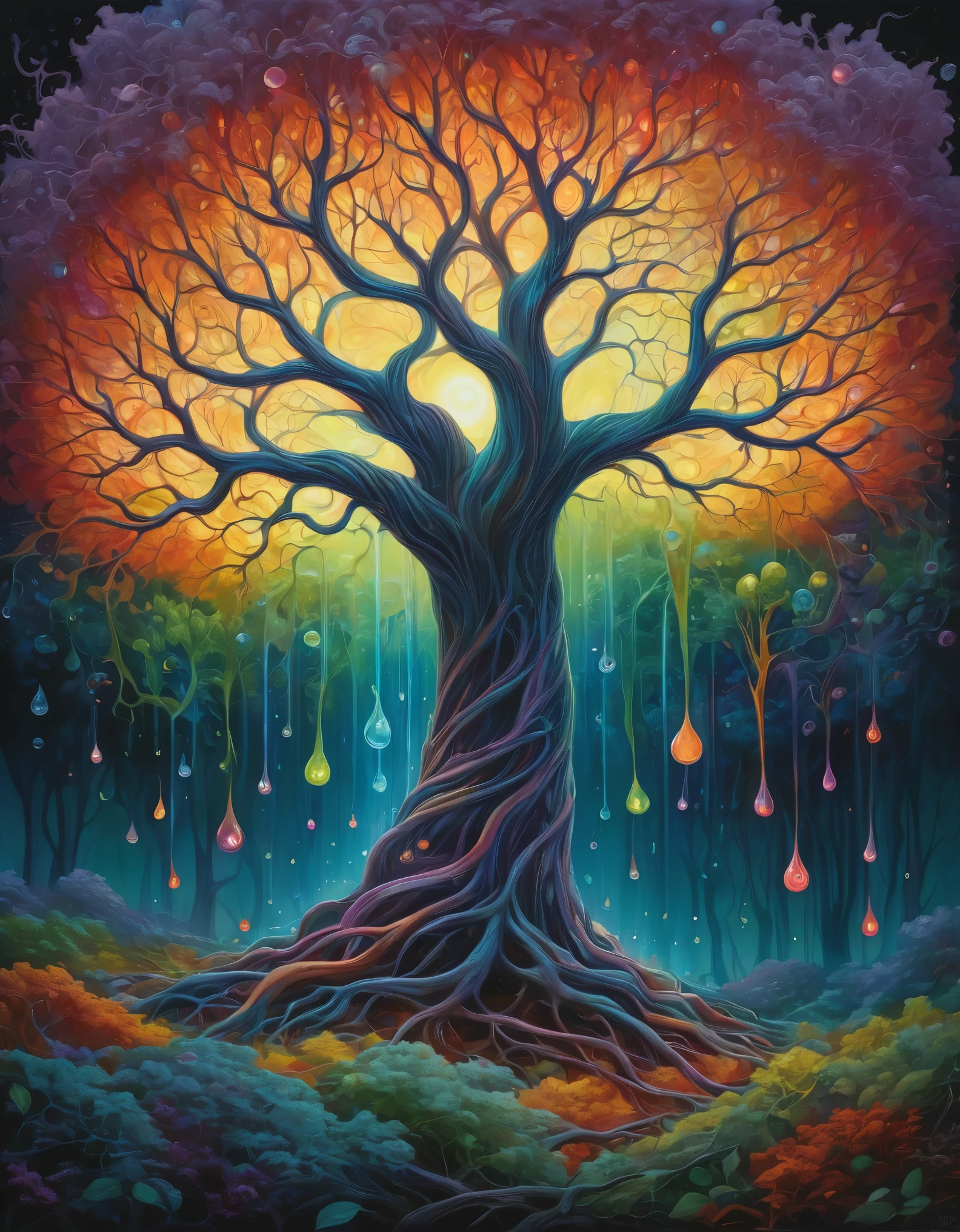 A surreal, vividly colorful tree in the center of the composition, set against a dark, almost black background. The tree's trunk twists and spirals upwards, splitting into various branches that explode into a spectrum of bright colors, creating an ethereal, magical effect. The foliage transitions smoothly from fiery reds and oranges on the left, through bright yellows and greens in the center, to deep blues and purples on the right. Each leaf and branch is intricately detailed, with some branches appearing to glow. Surrounding the tree are floating, teardrop-shaped luminescent orbs that add to the mystical atmosphere. The lighting highlights the vibrant colors of the tree, making it look like it is glowing from within. The overall mood is otherworldly and fantastical, resembling a digital art style that combines elements of surrealism and fantasy.