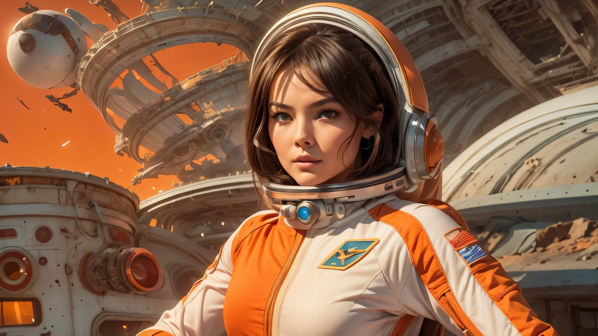 arafed image of a white woman in a futuristic suit with a spaceship in the background, movie art, in front of an orange background, inspired by Robert McGinnis, female protagonist, megastructure in the background, portrait of an ai astronaut, astronauts, an astronaut, portrait of a astronaut skeletor, perfect android girl, detailed eyes, perfectly detailed teeth, frank franzzeta and sakimichan  