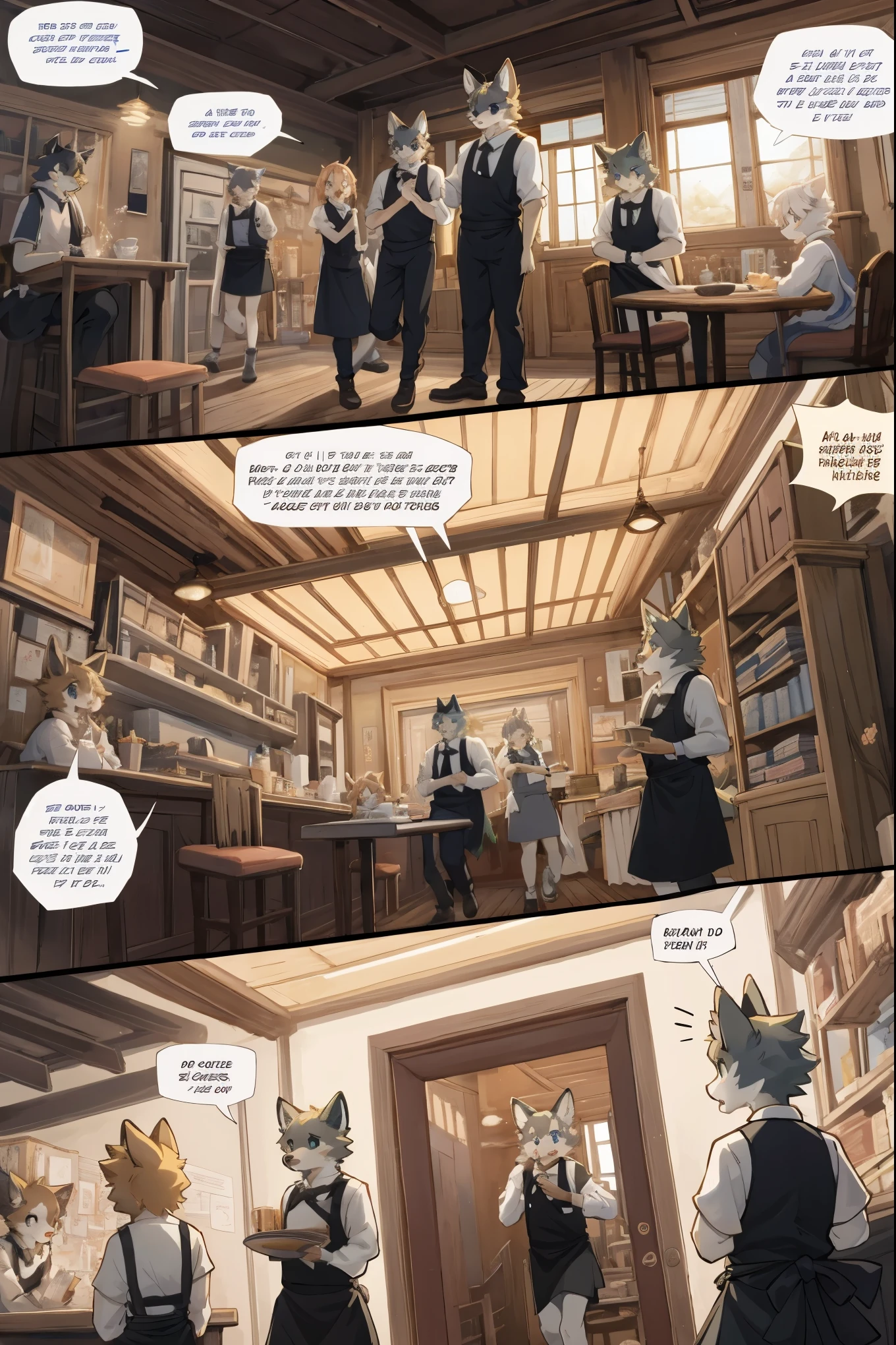 top quality, best quality, highres, masterpiece, super high resolution, detailed background, Casual reutaurant interior, part-time job, waiter, 6+boys, 6+girls, absurdres(highly detailed beautiful face and eyes)perfect anatomy, good lighting, cinematic shadow(kemono, furry anthro)assorted expressions, assorted poses, assorted angles, full body, upper shot, dynamic angle(girls comic-like panel layouts, speech balloon, English text, Hand-drawn sound effects stickers used in girls comic),