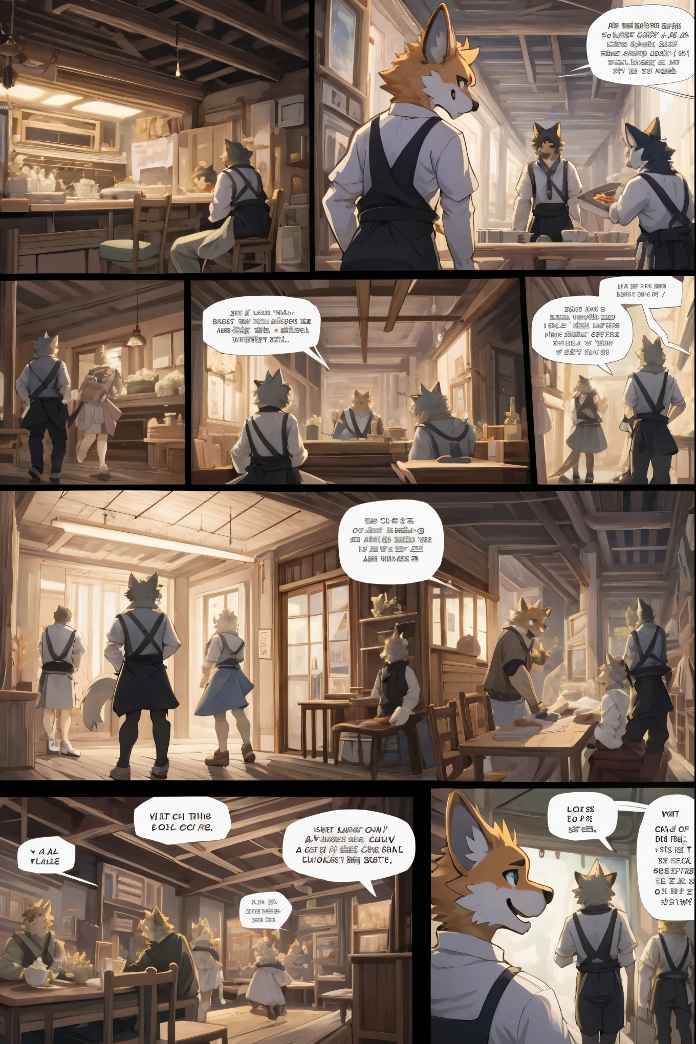 top quality, best quality, highres, masterpiece, super high resolution, detailed background, Casual reutaurant interior, part-time job, waiter, 6+boys, 6+girls, absurdres(highly detailed beautiful face and eyes)perfect anatomy, good lighting, cinematic shadow(kemono, furry anthro)assorted expressions, assorted poses, assorted angles, full body, upper shot, dynamic angle(girls comic-like panel layouts, speech balloon, English text, Hand-drawn sound effects stickers used in girls comic),