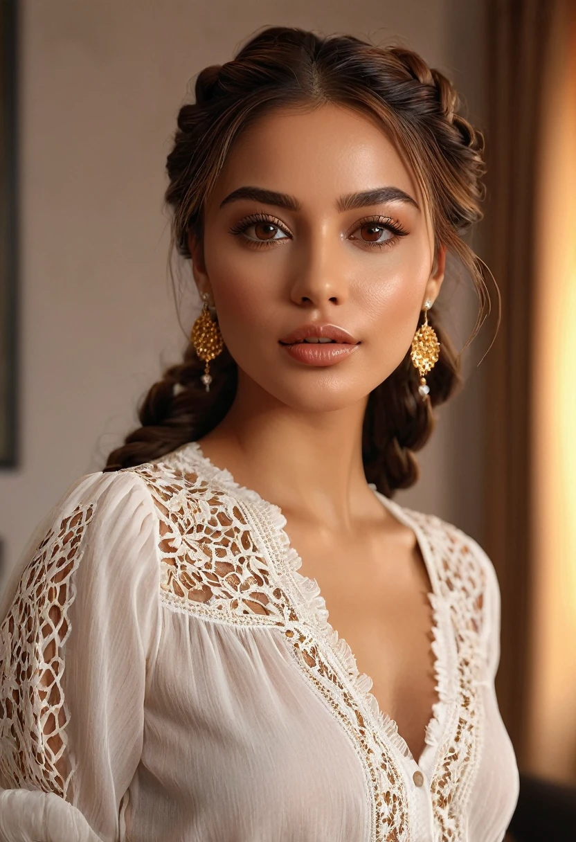 (best quality,4k,highres,masterpiece:1.2),ultra-detailed,(realistic:1.37),(beautiful:1.1) brown-eyed woman with long braid hair and a medium stature, wearing casual and sexy and glamorous clothes, standing gracefully in a well-lit living room. The room is furnished with modern and elegant furniture, giving a luxurious atmosphere. The woman's beautiful face is detailed, with captivating eyes that shine with brown color. Her lips are full and luscious, adding to her sensual appeal. She exudes confidence and elegance as she poses, showcasing her entire body. The lighting in the room highlights her beautiful brown skin, giving it a warm and radiant glow. The overall scene has vivid colors and sharp focus, creating a realistic and photorealistic image. 24k gold and diamond jewelry and necklace, lace clothing