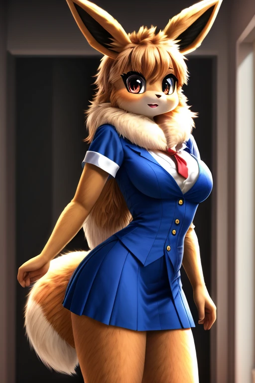 perfect face, Eevee (Pokemon), standing, very fluffy, college uniform, breasts, furry, 4k, 8k, perfect, realistic fur, female, revealing dress,