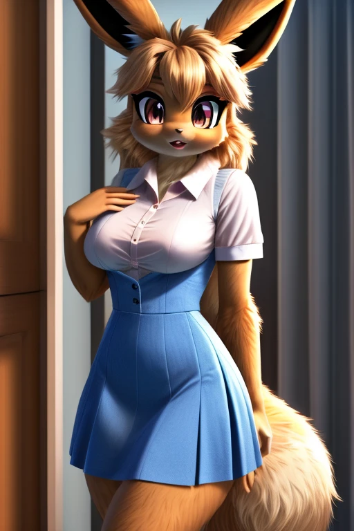 perfect face, Eevee (Pokemon), standing, very fluffy, college uniform, breasts, furry, 4k, 8k, perfect, realistic fur, female, revealing dress,