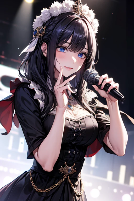 masterpiece, masterpiece_portrait, distinct, distinct_image, high_resolution, highres, high_quality_anime, high_quality, hyper_detail, finely_detailed,4K, YUJU, GFRIEND, KPOP , sexy body, ((black hair)), blue eyes, smile, happy, KPOP idol singer costume, Singing and dancing on a fancy broadcasting station stage, (((holding a white microphone in his hand)))