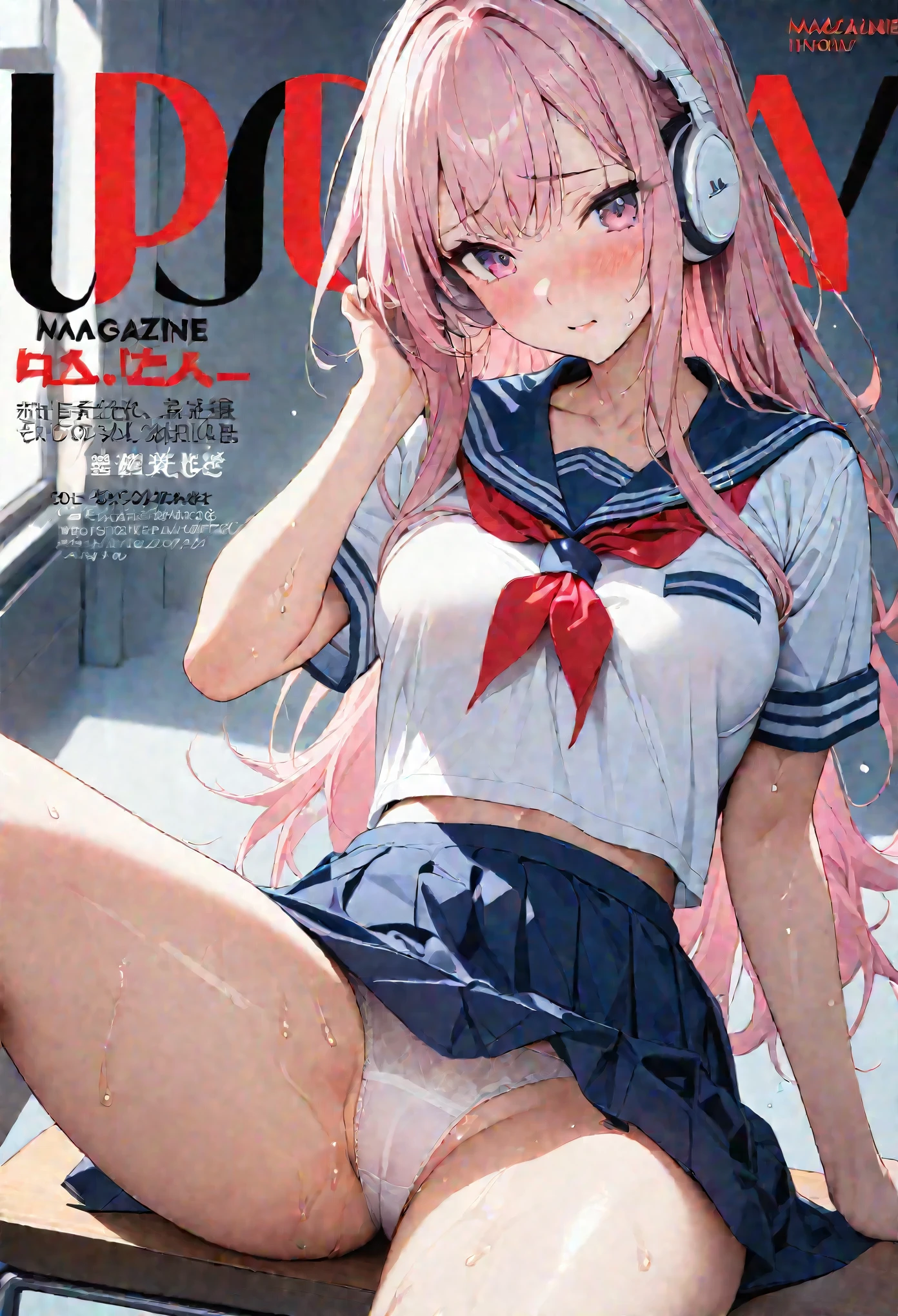 (Magazine Cover:1.7),((masterpiece, highest quality:1.3)),cowboy shot,20 year old beauty,solo,((very small head)),((long body、long body)),pink hair,long hair,pink eyes,bangs,white headphone,medium breasts,slender body,skinny,shiny skin,oily skin,sweat:1.5,shy,Academy服姿、Sailor suit、Crop length、Navy blue sailor collar、Red neckerchief、Navy blue pleated mini skirt、White panties,sitting,spread legs,classroom、Academy、