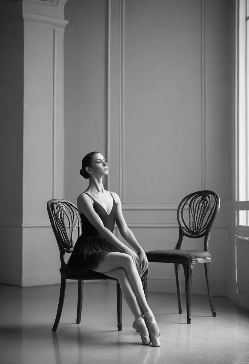 raw photo, 8k uhd, b&w, an elegant Spanish ballerina with perfect posture sitting on an art deco chair in an empty room, upright, hands to her sides, long brushed hair, seen from the side, her sitting position is perfect