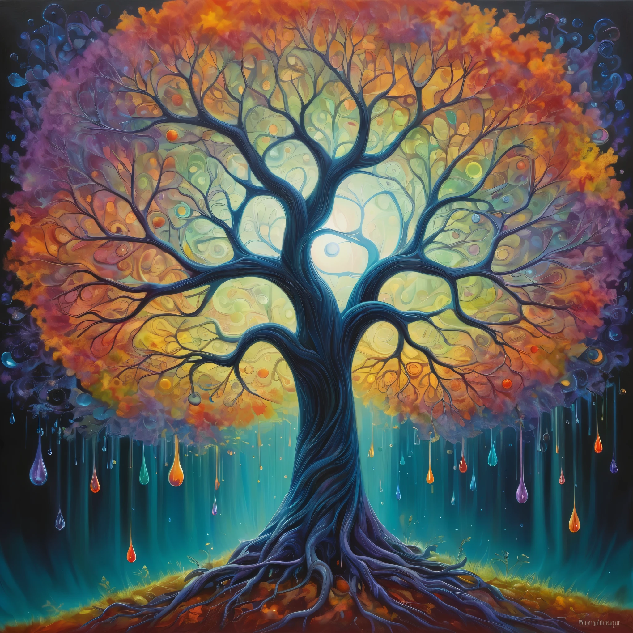 A surreal, vividly colorful tree in the center of the composition, set against a dark, almost black background. The tree's trunk twists and spirals upwards, splitting into various branches that explode into a spectrum of bright colors, creating an ethereal, magical effect. The foliage transitions smoothly from fiery reds and oranges on the left, through bright yellows and greens in the center, to deep blues and purples on the right. Each leaf and branch is intricately detailed, with some branches appearing to glow. Surrounding the tree are floating, teardrop-shaped luminescent orbs that add to the mystical atmosphere. The lighting highlights the vibrant colors of the tree, making it look like it is glowing from within. The overall mood is otherworldly and fantastical, resembling a digital art style that combines elements of surrealism and fantasy.
