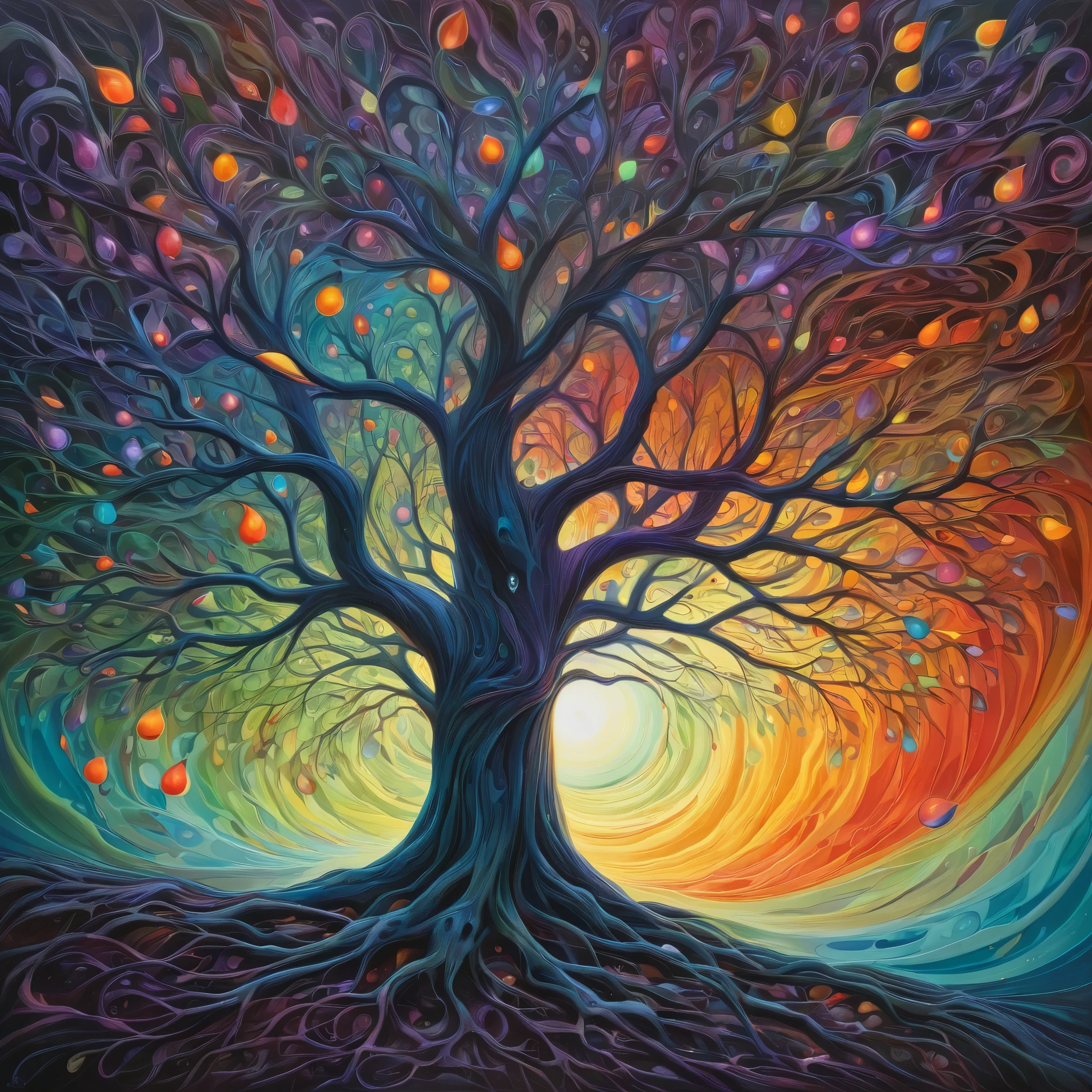 A surreal, vividly colorful tree in the center of the composition, set against a dark, almost black background. The tree's trunk twists and spirals upwards, splitting into various branches that explode into a spectrum of bright colors, creating an ethereal, magical effect. The foliage transitions smoothly from fiery reds and oranges on the left, through bright yellows and greens in the center, to deep blues and purples on the right. Each leaf and branch is intricately detailed, with some branches appearing to glow. Surrounding the tree are floating, teardrop-shaped luminescent orbs that add to the mystical atmosphere. The lighting highlights the vibrant colors of the tree, making it look like it is glowing from within. The overall mood is otherworldly and fantastical, resembling a digital art style that combines elements of surrealism and fantasy.