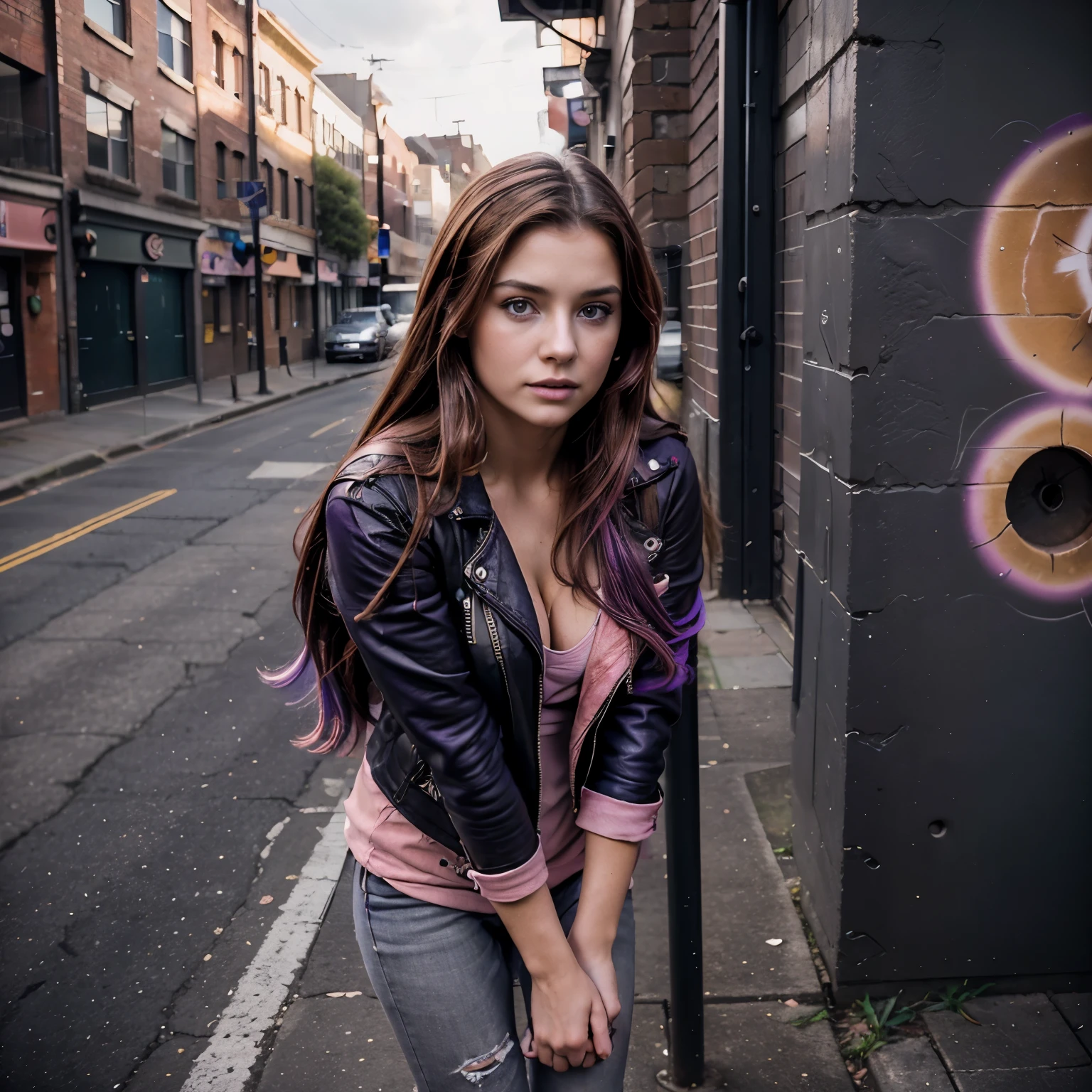 gritty raw photo of {beautiful young busty woman, 20 years old, long brown hair with colorful (violet, pink and blue) streaks, bright gray eyes}, [[leaning against a brick wall with one foot up, wearing a red leather jacket, black ripped skinny jeans, and black combat boots]], [[in an urban alley with graffiti art on the walls, overcast day with a moody sky]], fully covered, hyperrealism, 8K UHD, realistic skin texture, flawed skin, shot with Canon EOS 5D Mark IV, highly detailed, masterpiece
