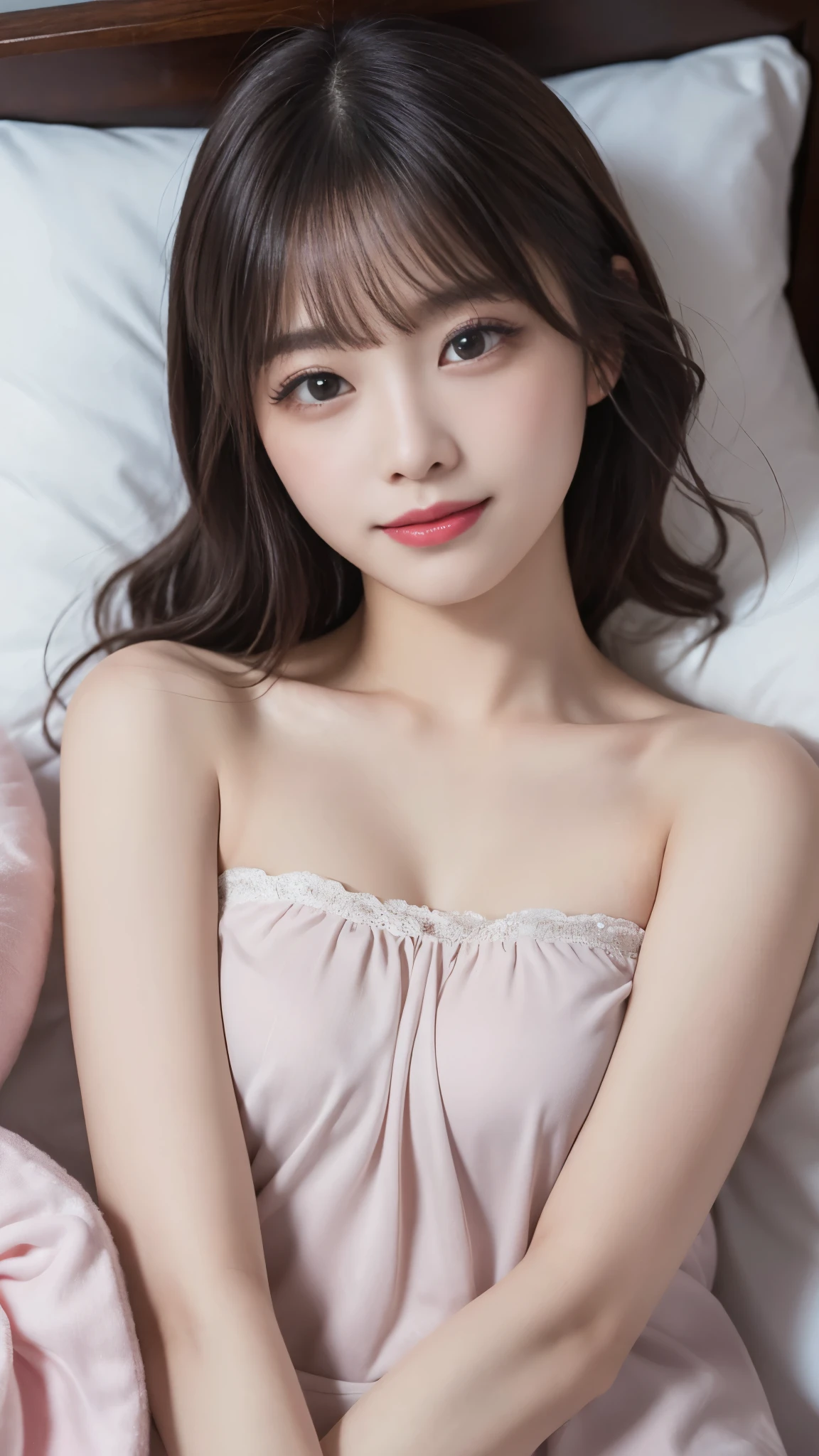 Nikon RAW Photos, 8k yen, Fujifilm XT3, masterpiece, shirt pink quality, Realistic, photoRealistic, (Lying in bed), (Sheet), (Lying on a pillow), (Giggling: 1.1), highest quality, (Detailed facial features), (eyelash: 1.1), (Depth of written boundary: 1.1), (chromatic aberration: 1.1), (Caustics: 1.1) goddess